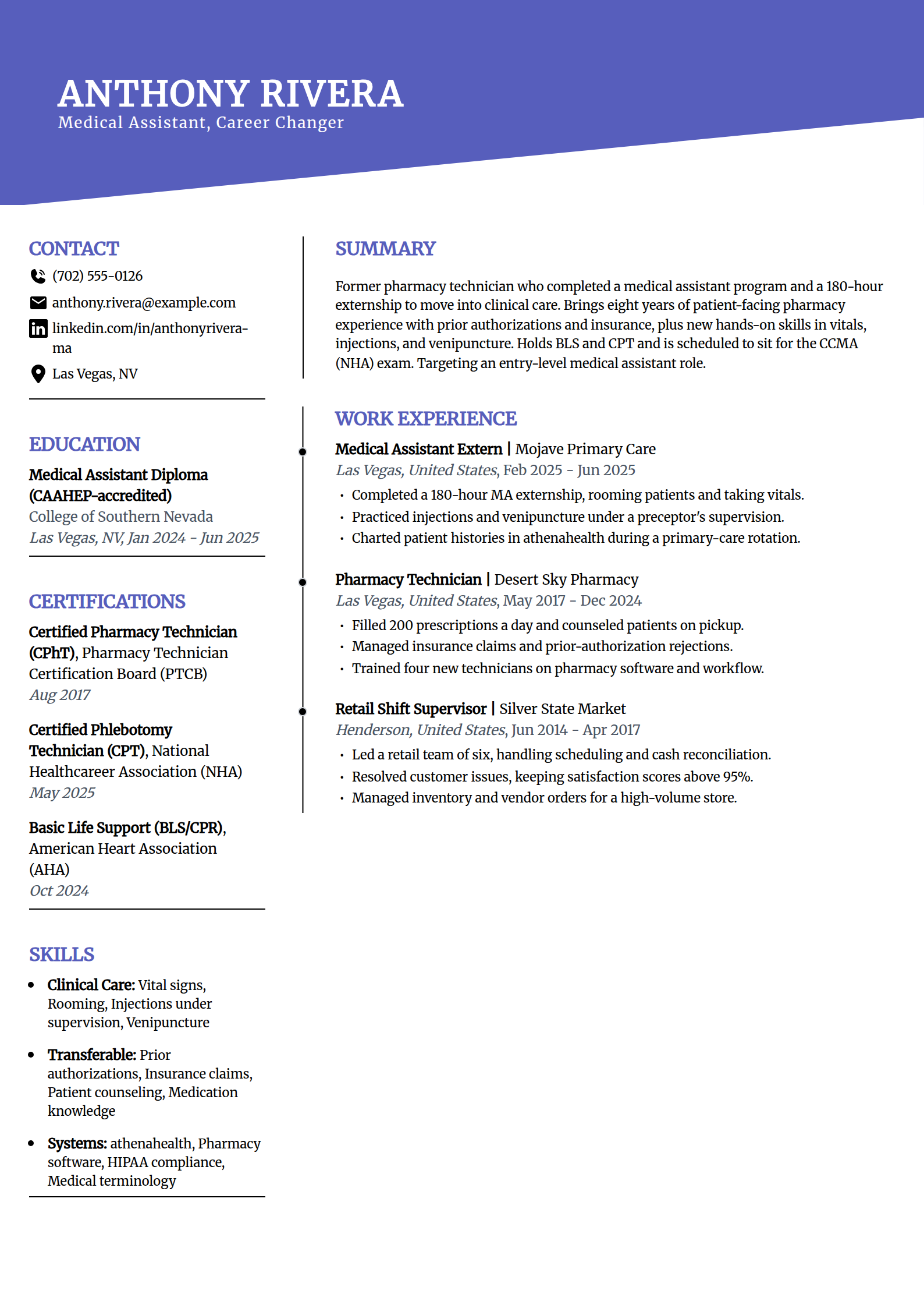 Career-changer to medical assistant resume example in the Orbit template