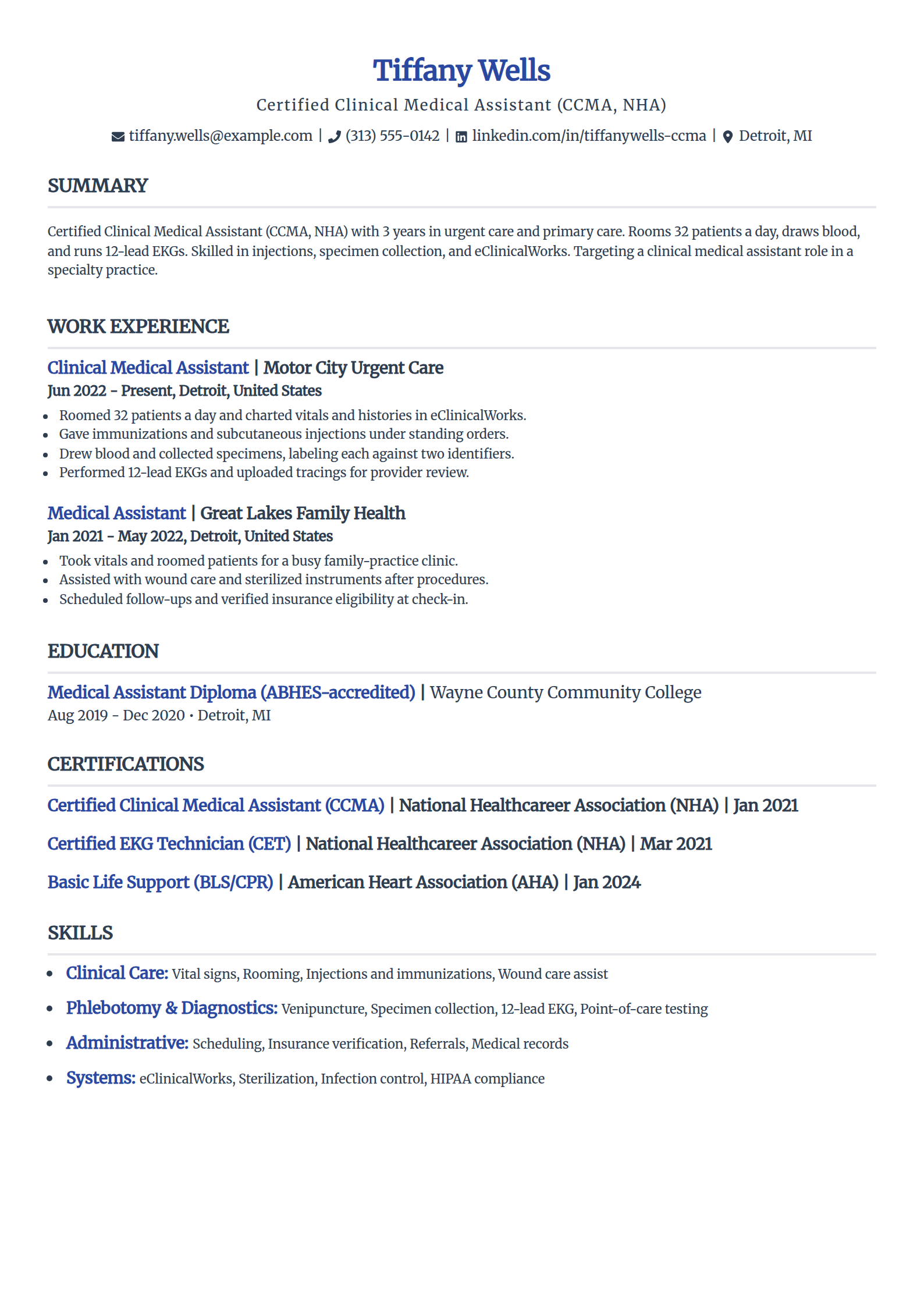 CCMA NHA-certified medical assistant resume example in the Simple template