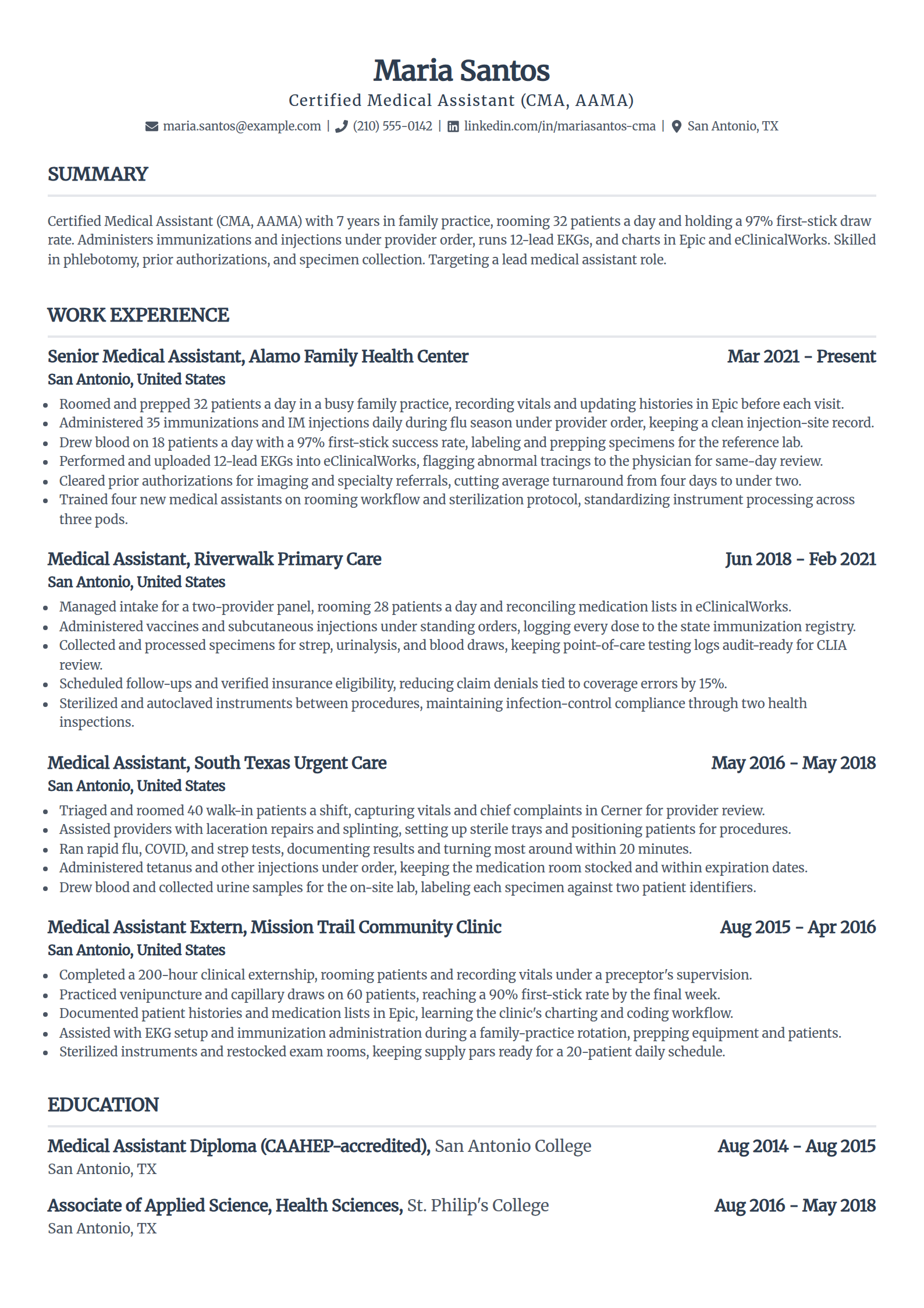 Certified medical assistant (CMA) resume example in the Standard template