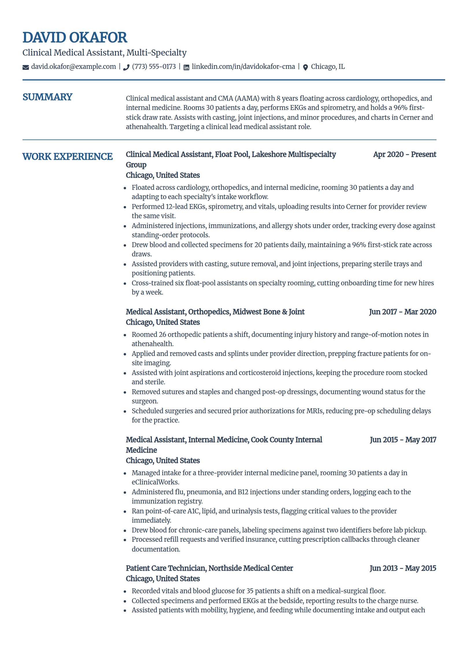 Clinical medical assistant multi-specialty resume example in the Craft template