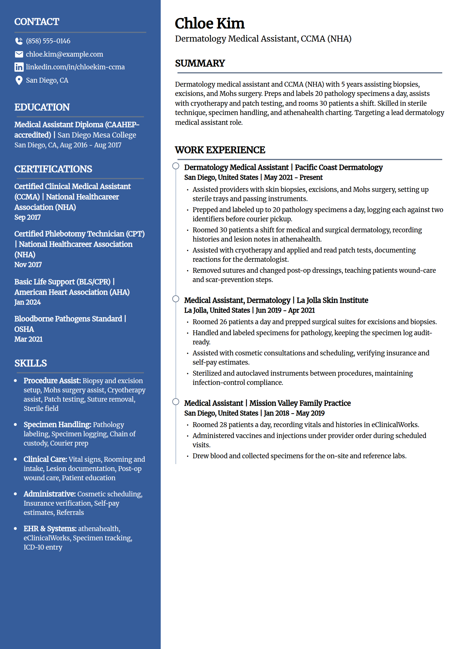 Dermatology medical assistant resume example in the Creative template