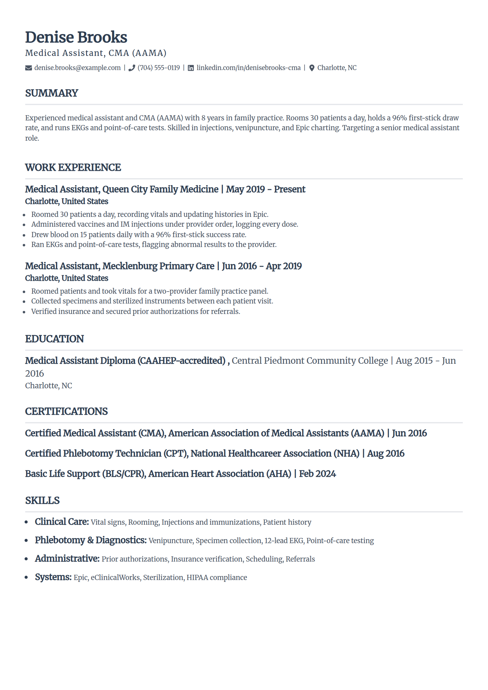 Experienced general medical assistant resume example in the Classic template