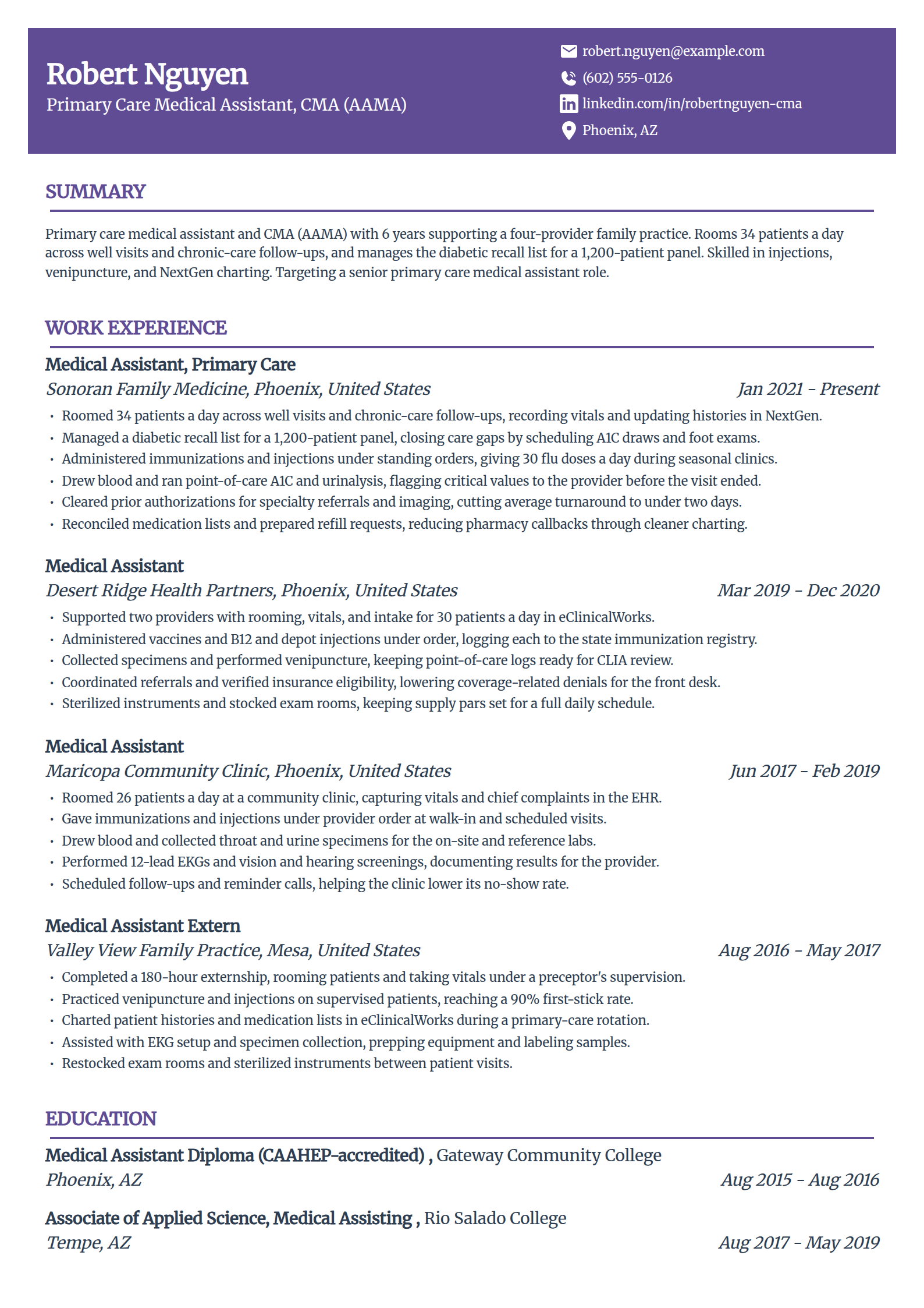 Family practice and primary care medical assistant resume example in the Panorama template
