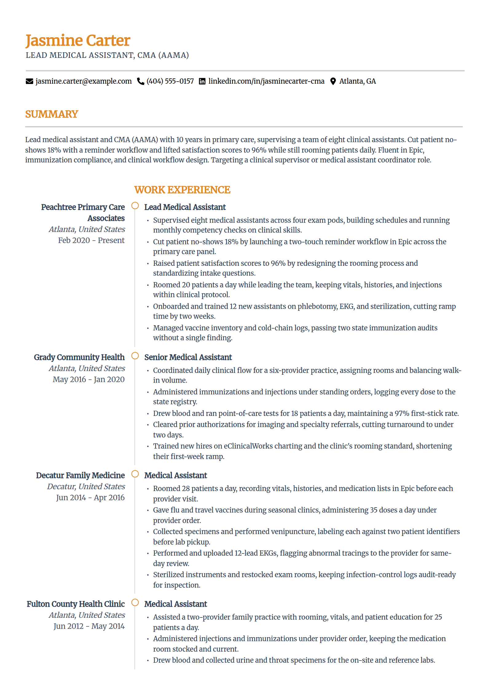 Lead and senior medical assistant resume example in the Zenith template