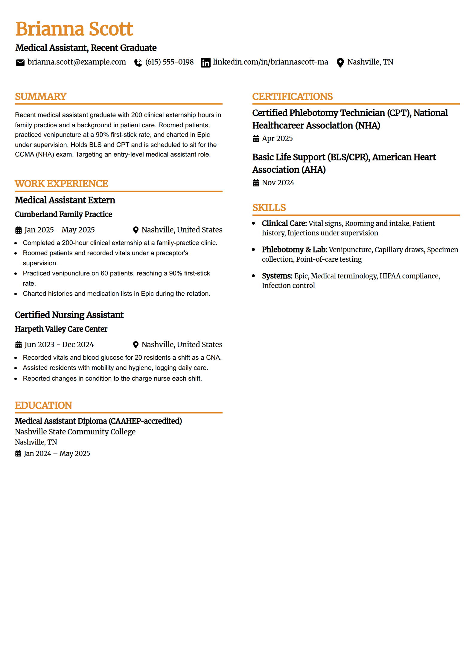 Entry-level new-grad medical assistant resume example in the Professional Edge template