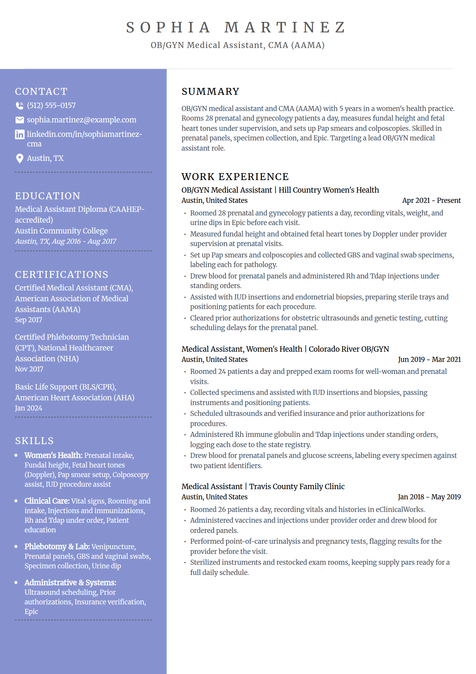 OB/GYN medical assistant resume example in the Luminary template
