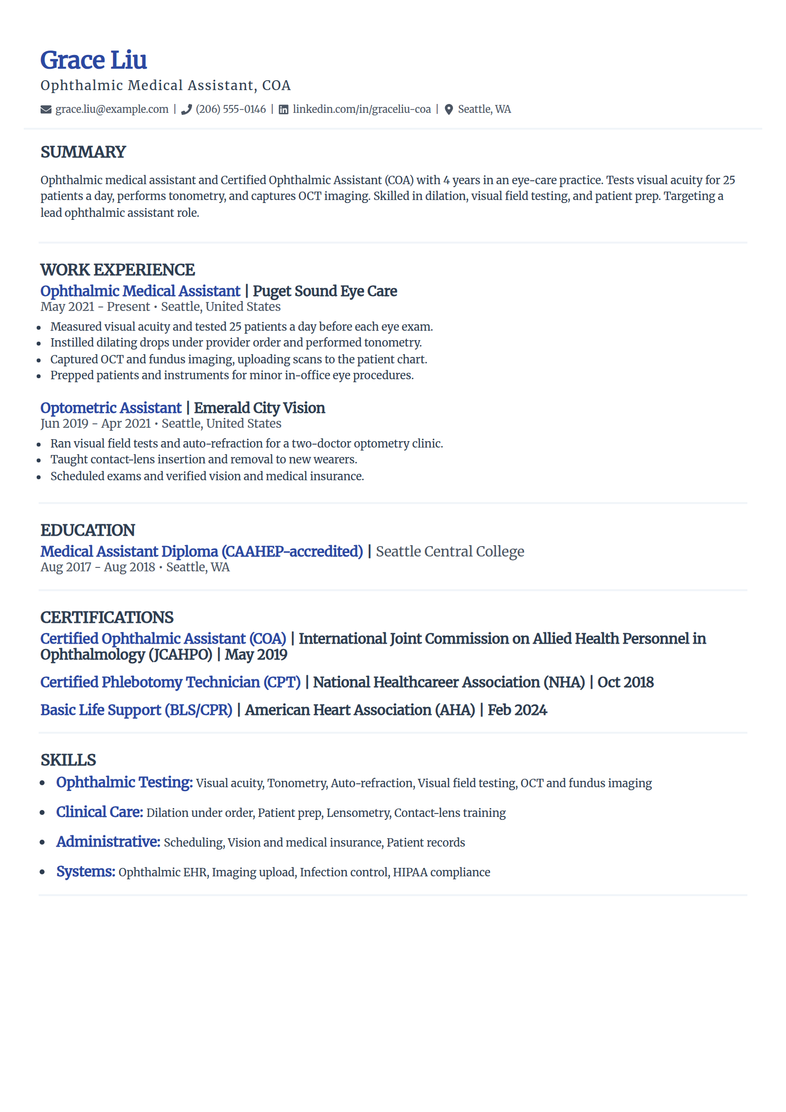 Ophthalmic and optometric medical assistant resume example in the Elegant template