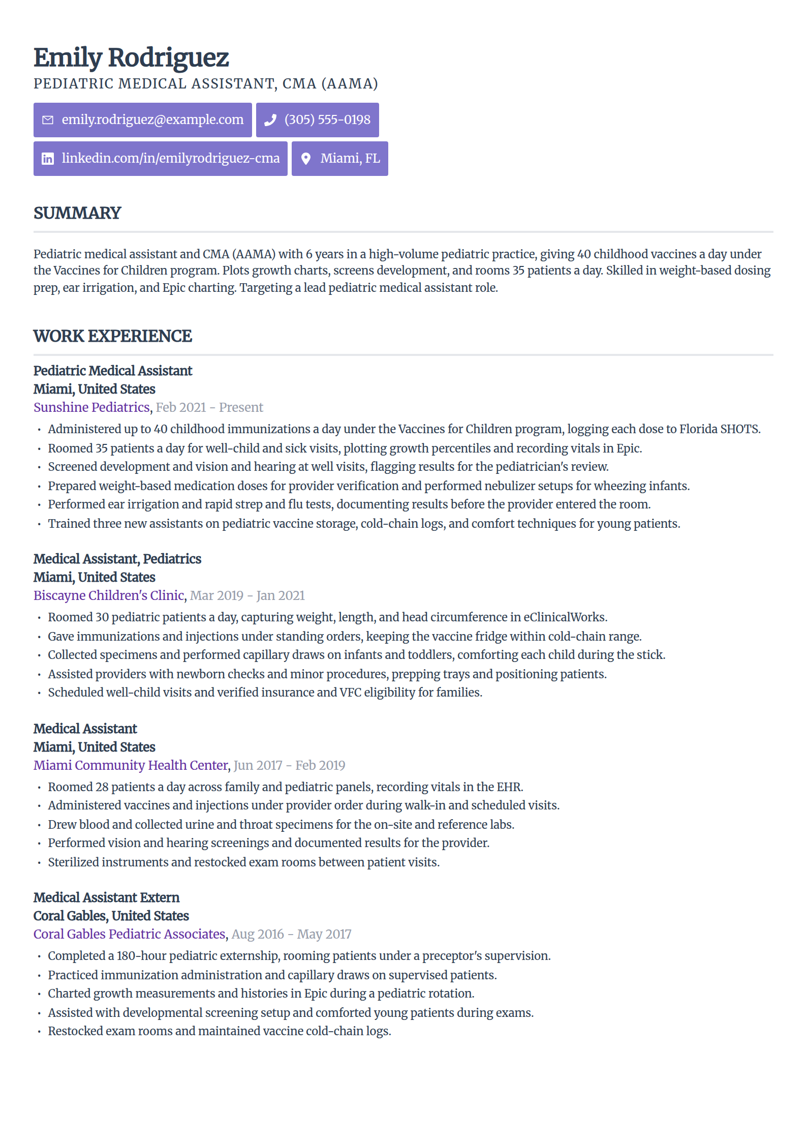 Pediatric medical assistant resume example in the Sleek Framework template
