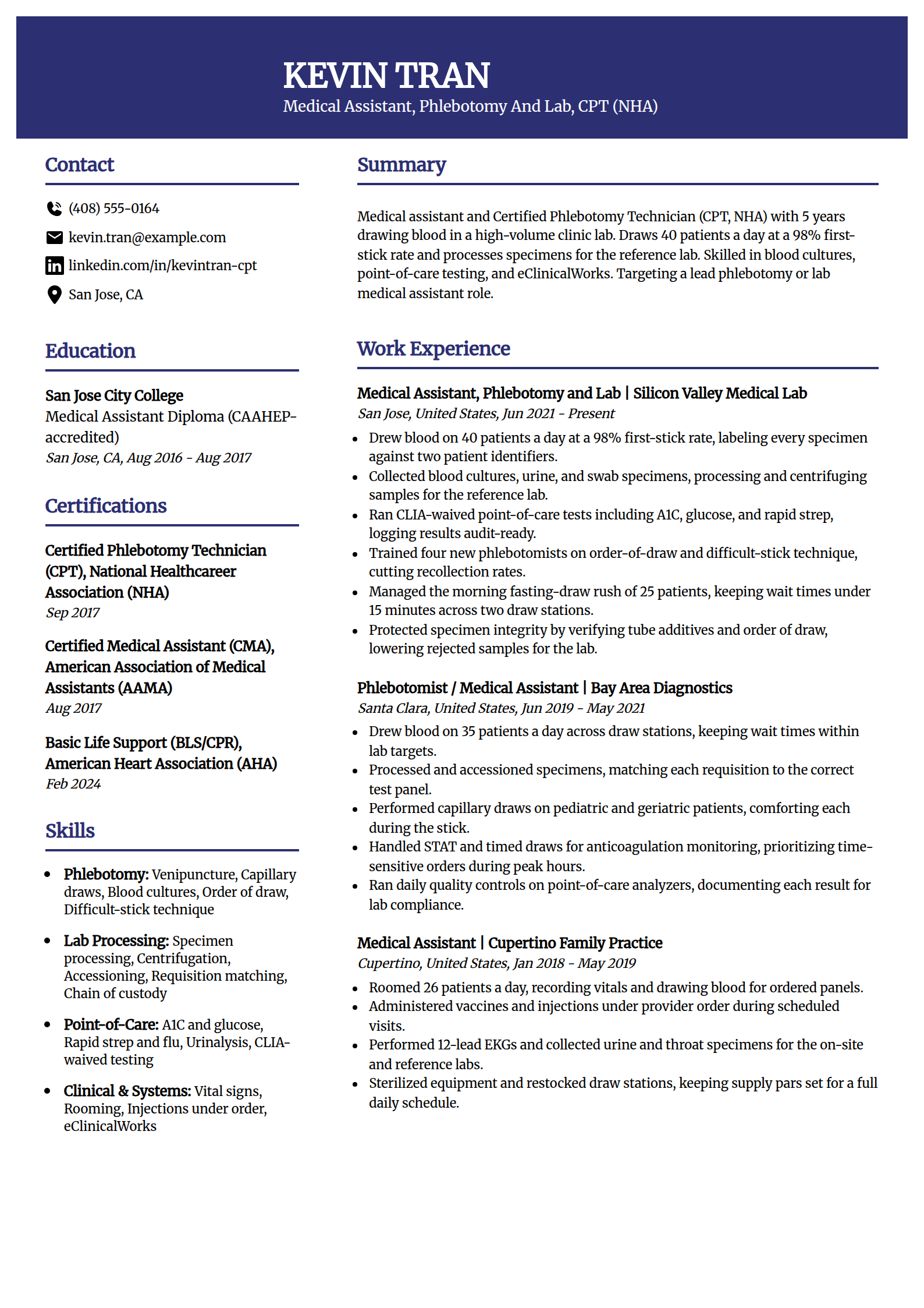 Phlebotomy and lab-focused medical assistant resume example in the Visionary template