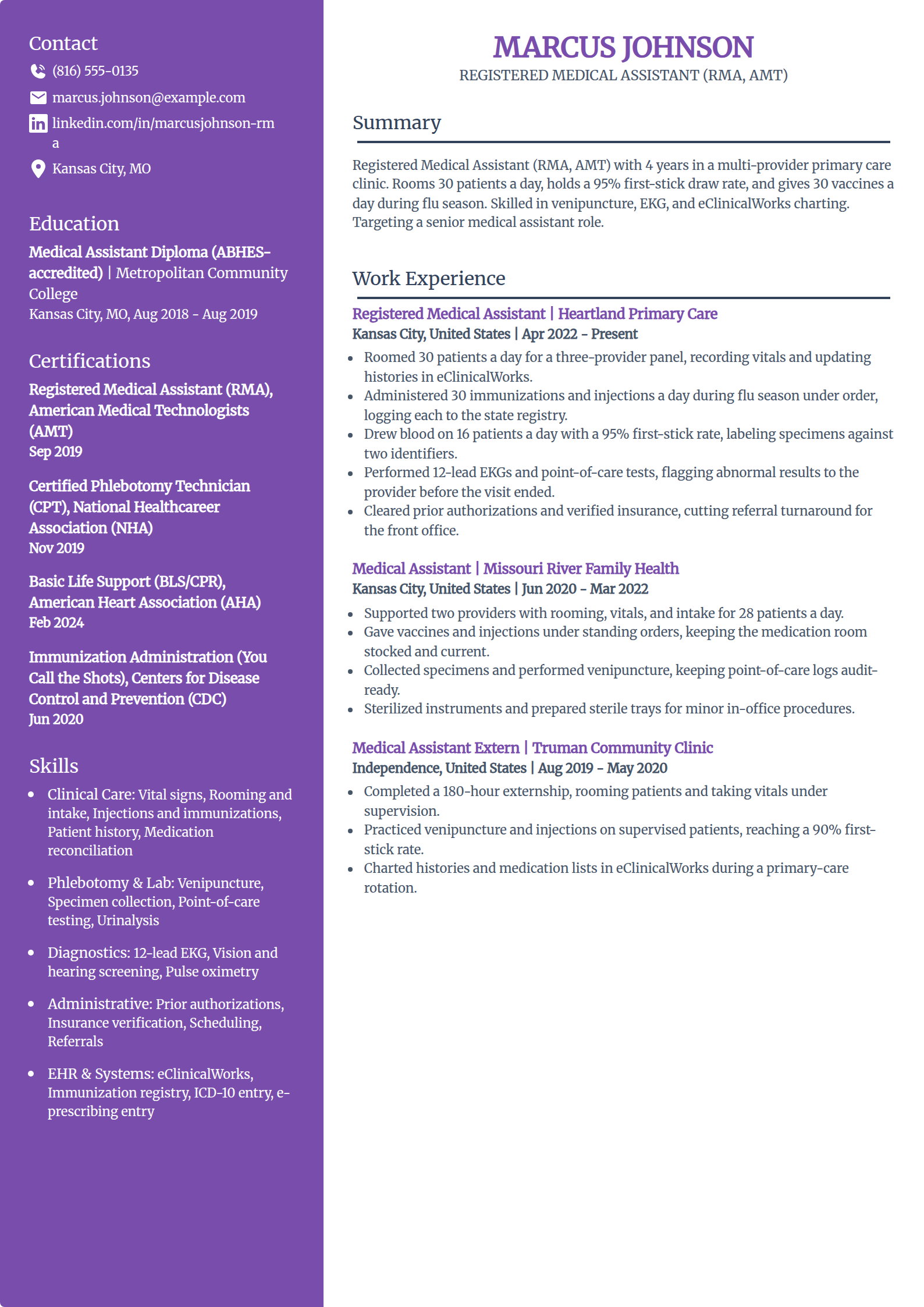 Registered medical assistant (RMA) resume example in the Pioneer template