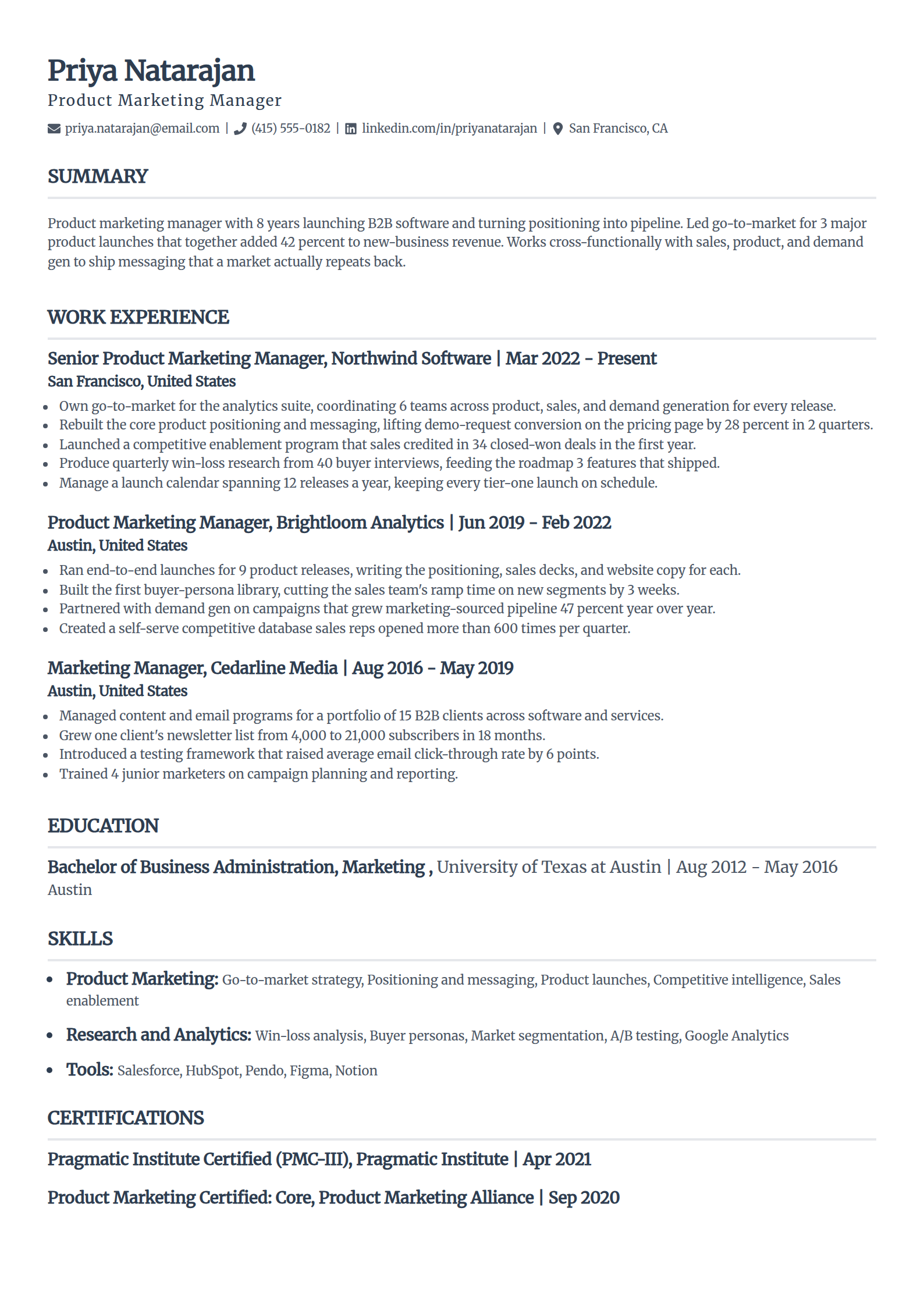 Modern ATS resume template in the Classic layout, single column with serif headings and thin section rules
