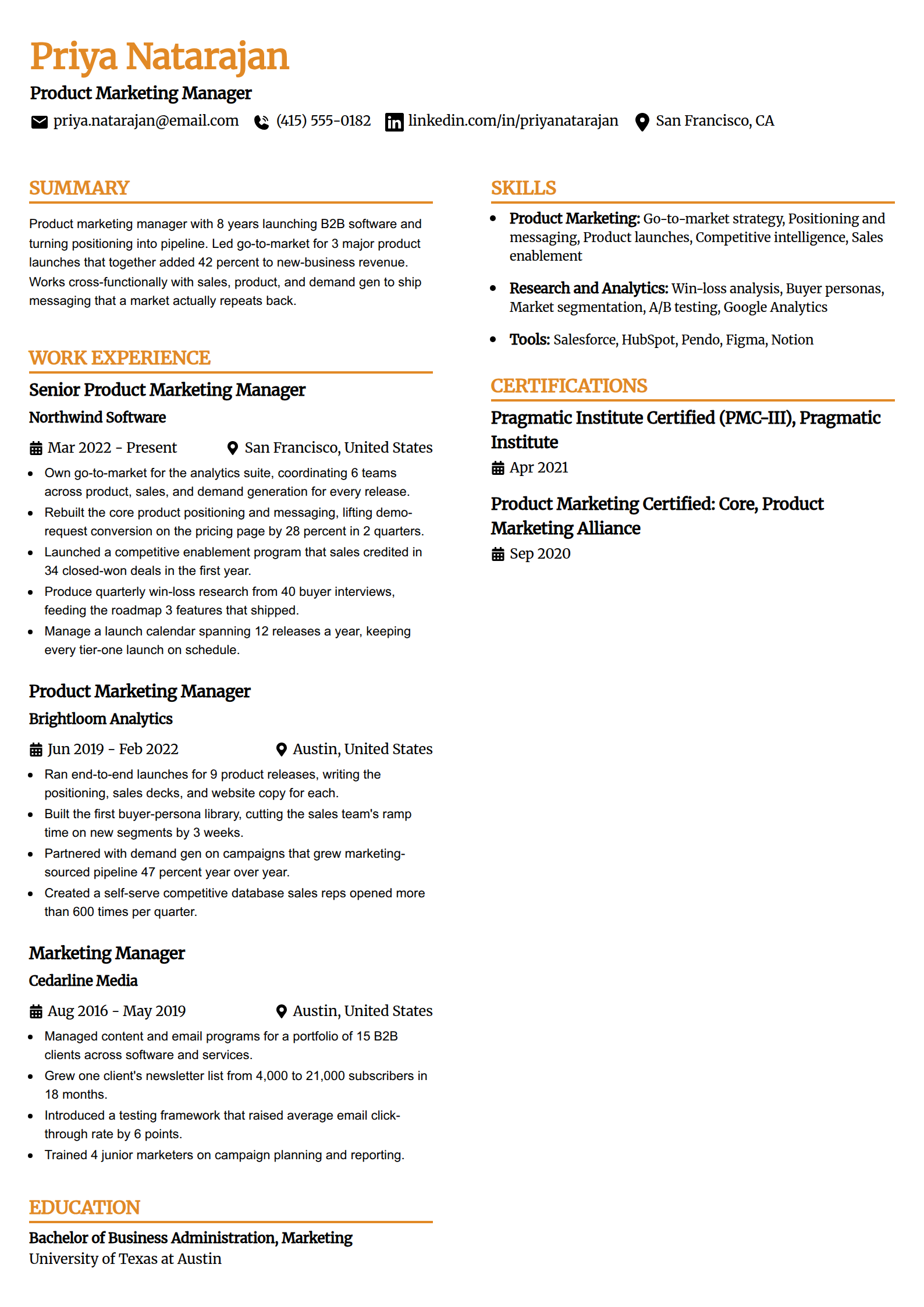 Modern ATS resume template in the Professional Edge layout, single column with a bold header and clear section breaks