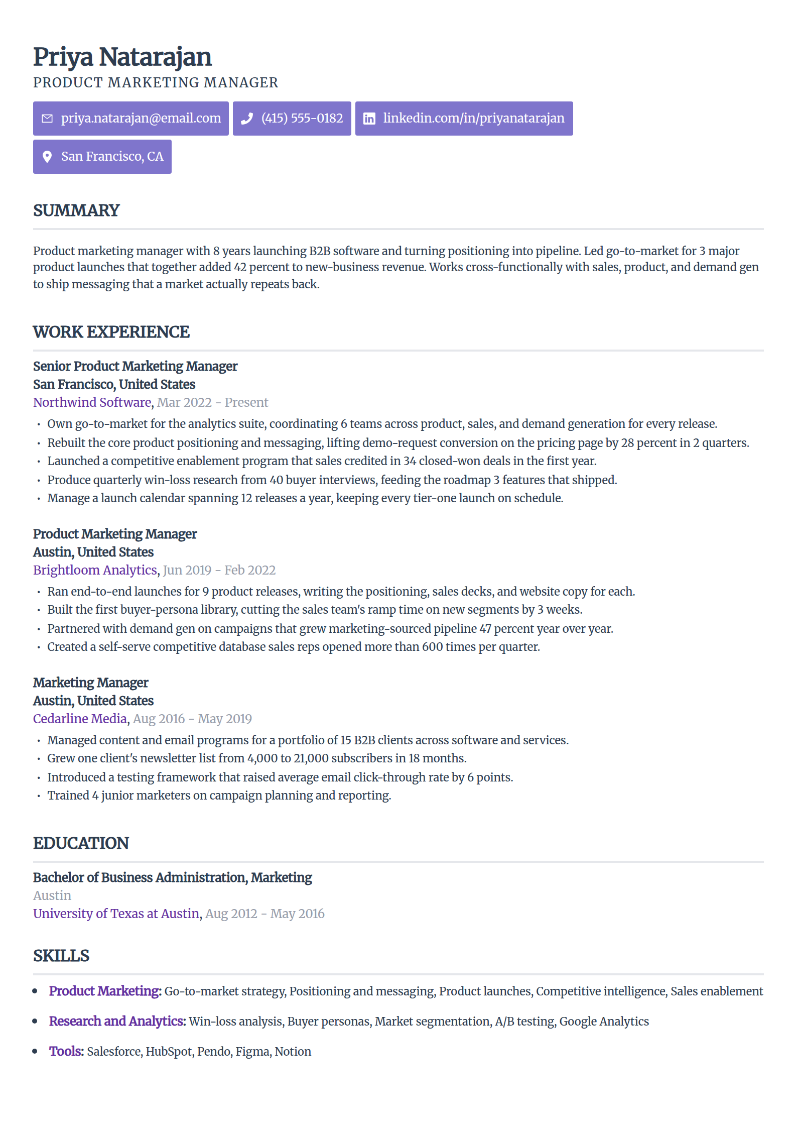 Modern ATS resume template in the Sleek Framework layout, single column with minimal typography and disciplined whitespace