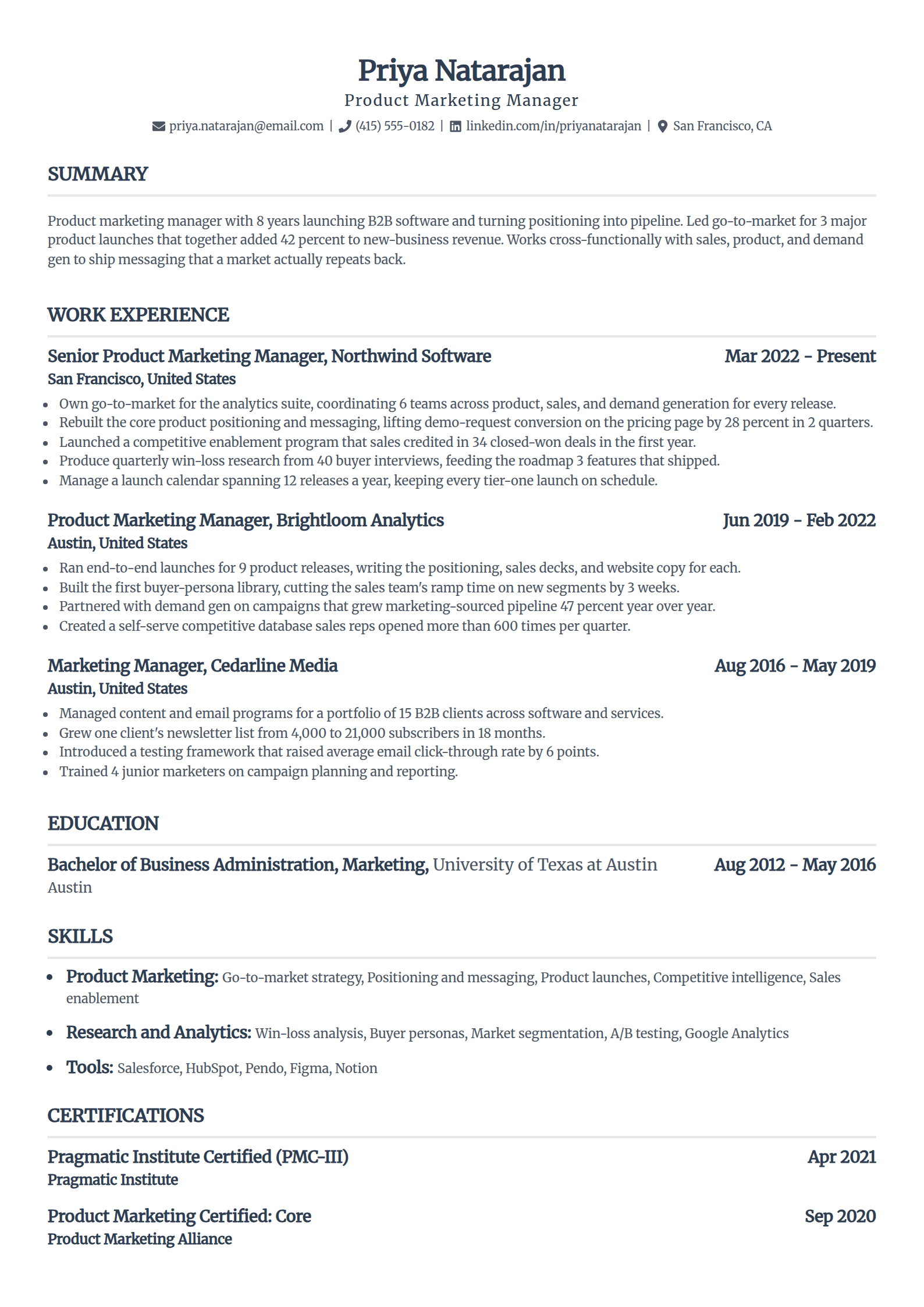 Modern ATS resume template in the Standard layout, single column with a centered name and right-aligned dates