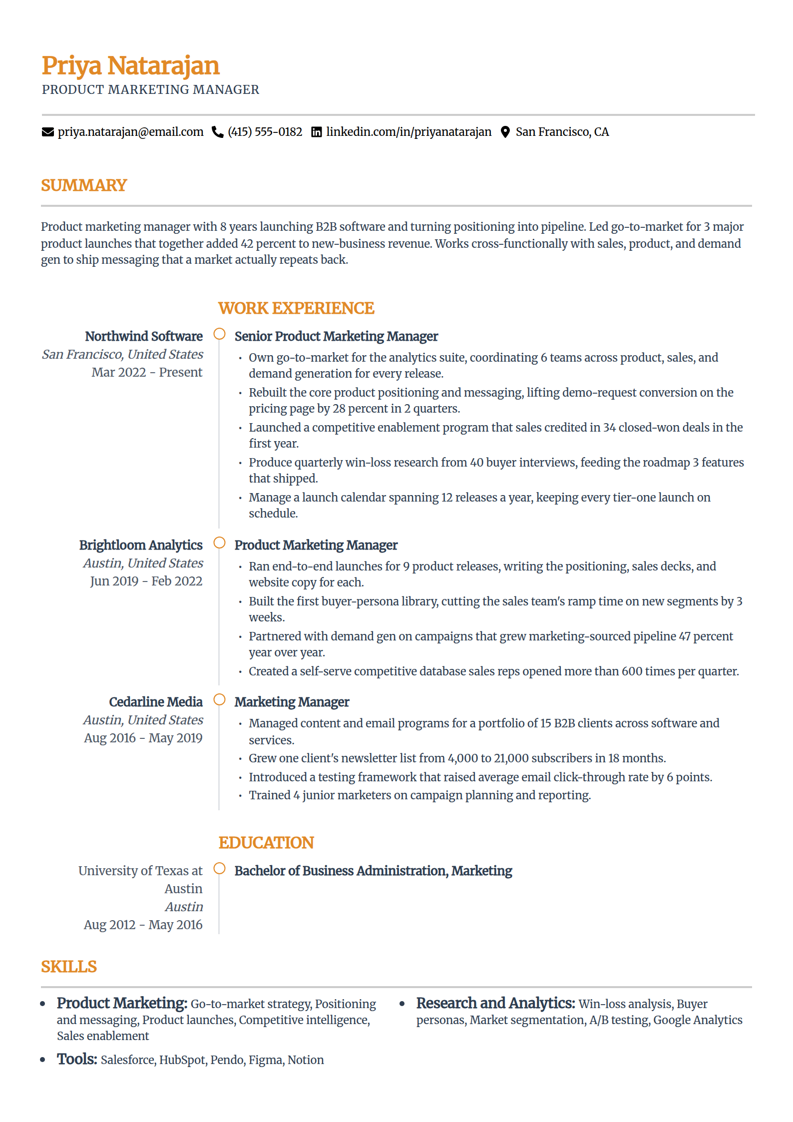 Modern ATS resume template in the Zenith layout, single column with an airy hierarchy leading with the summary