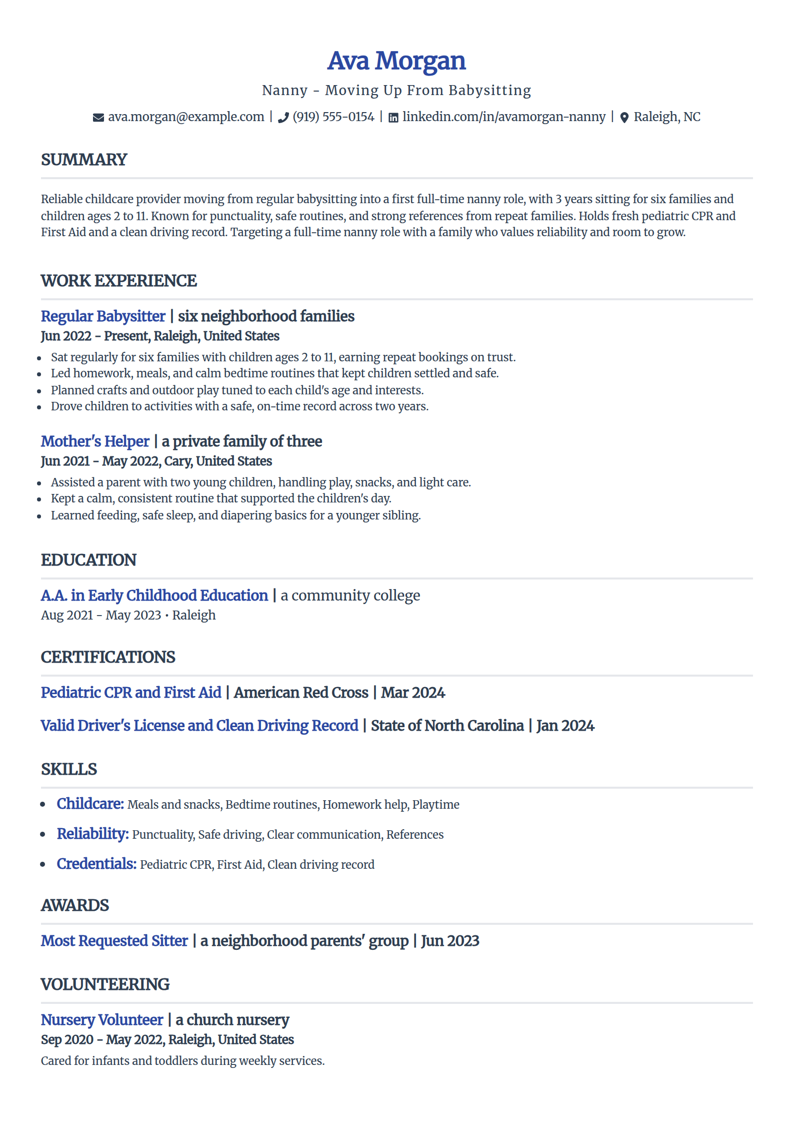 Babysitter-to-Nanny resume example in the Simple template