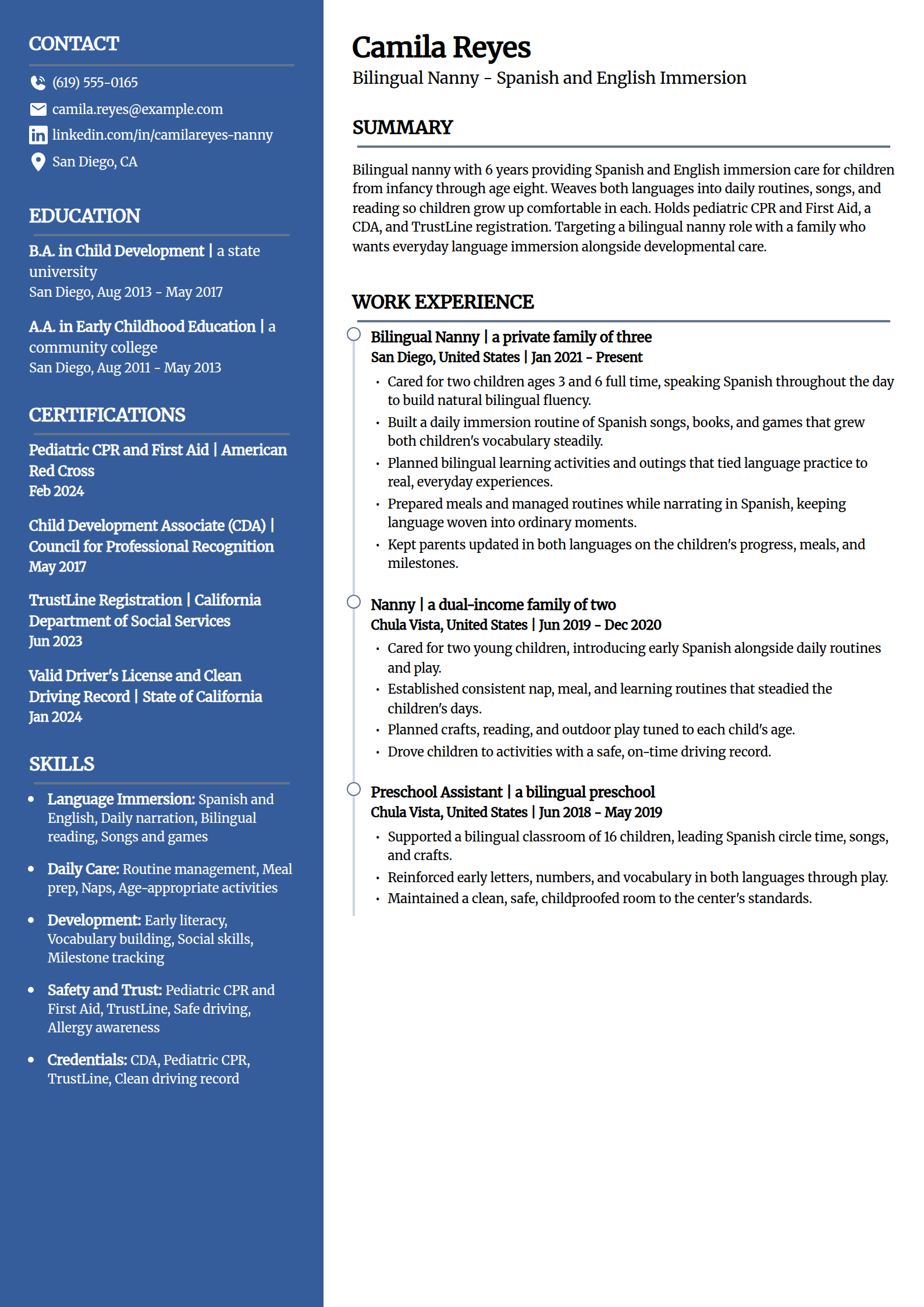 Bilingual Nanny resume example in the Creative template