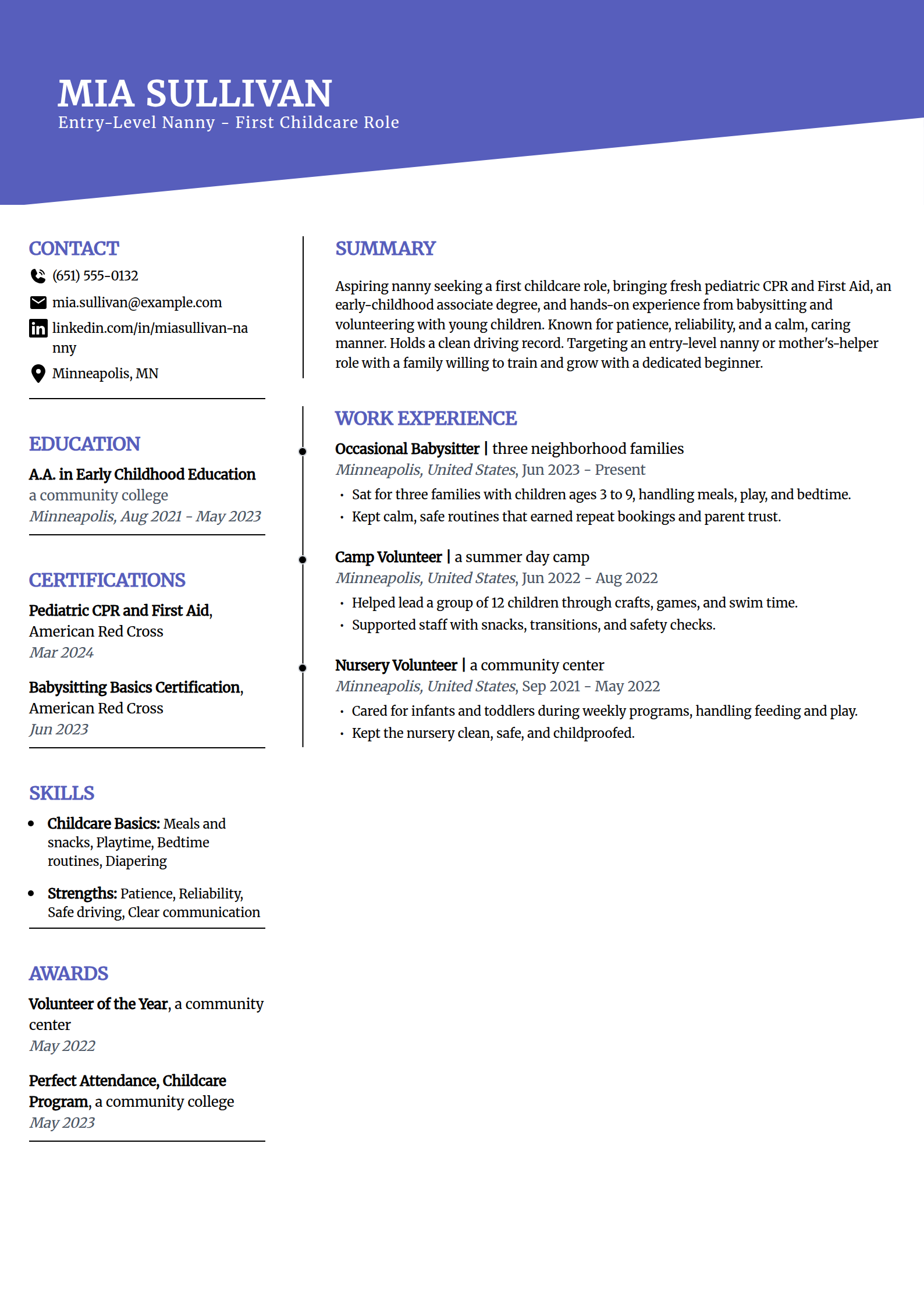 Entry-Level Nanny resume example in the Orbit template