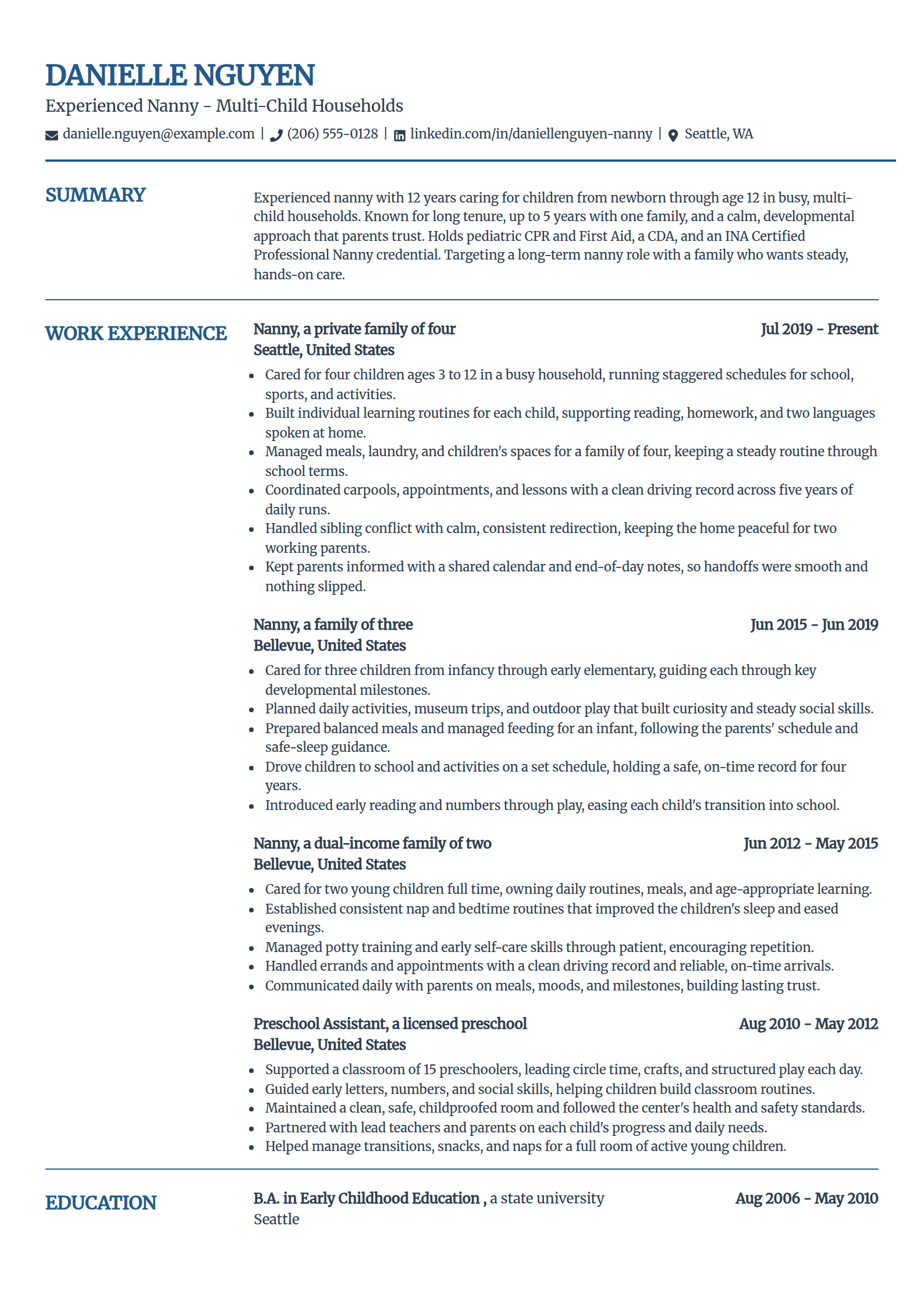 Experienced Nanny resume example in the Craft template