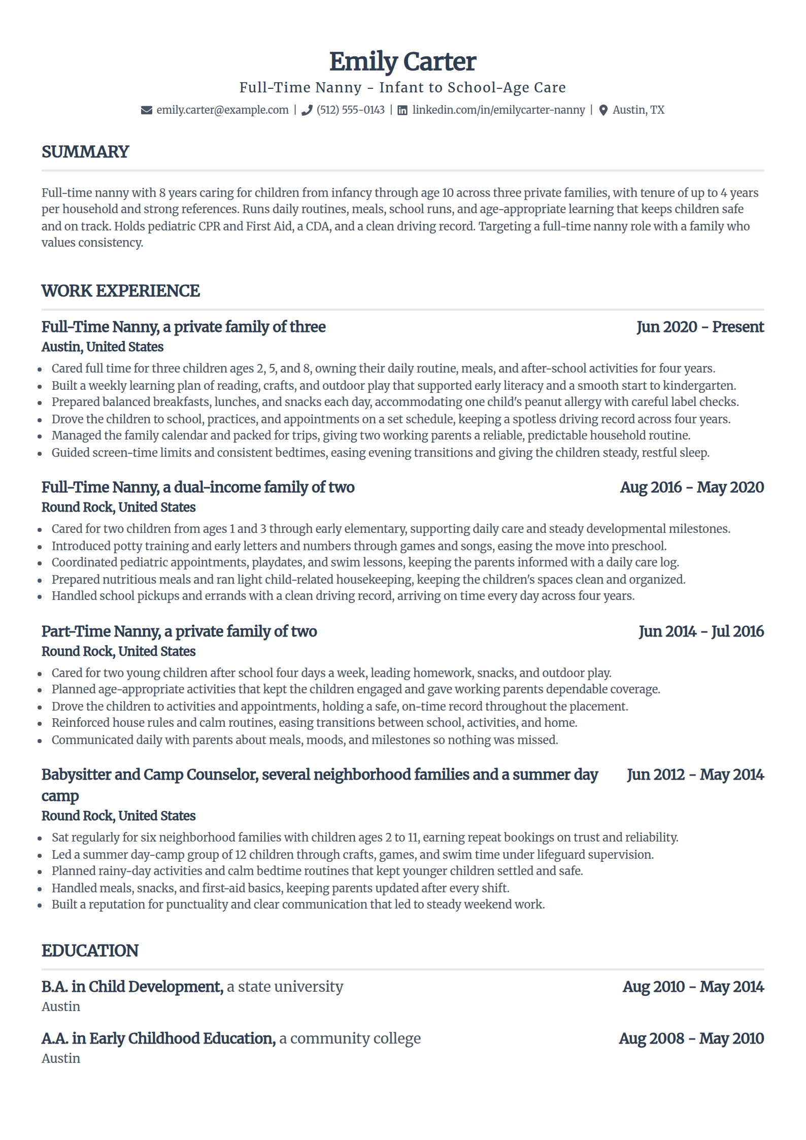 Full-Time Nanny resume example in the Standard template