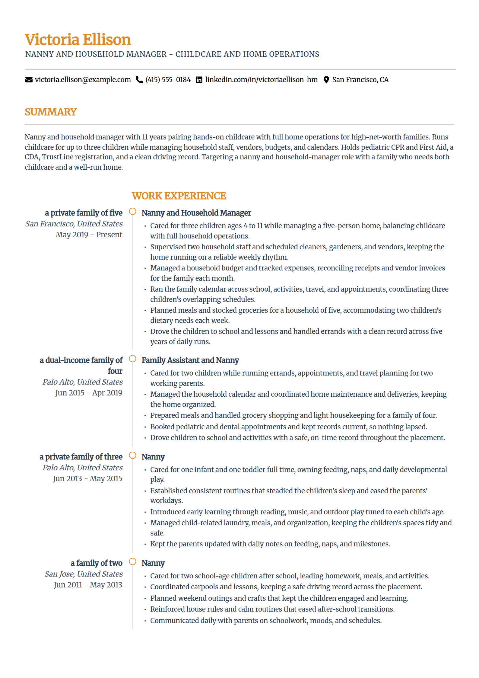 Nanny and Household Manager resume example in the Zenith template