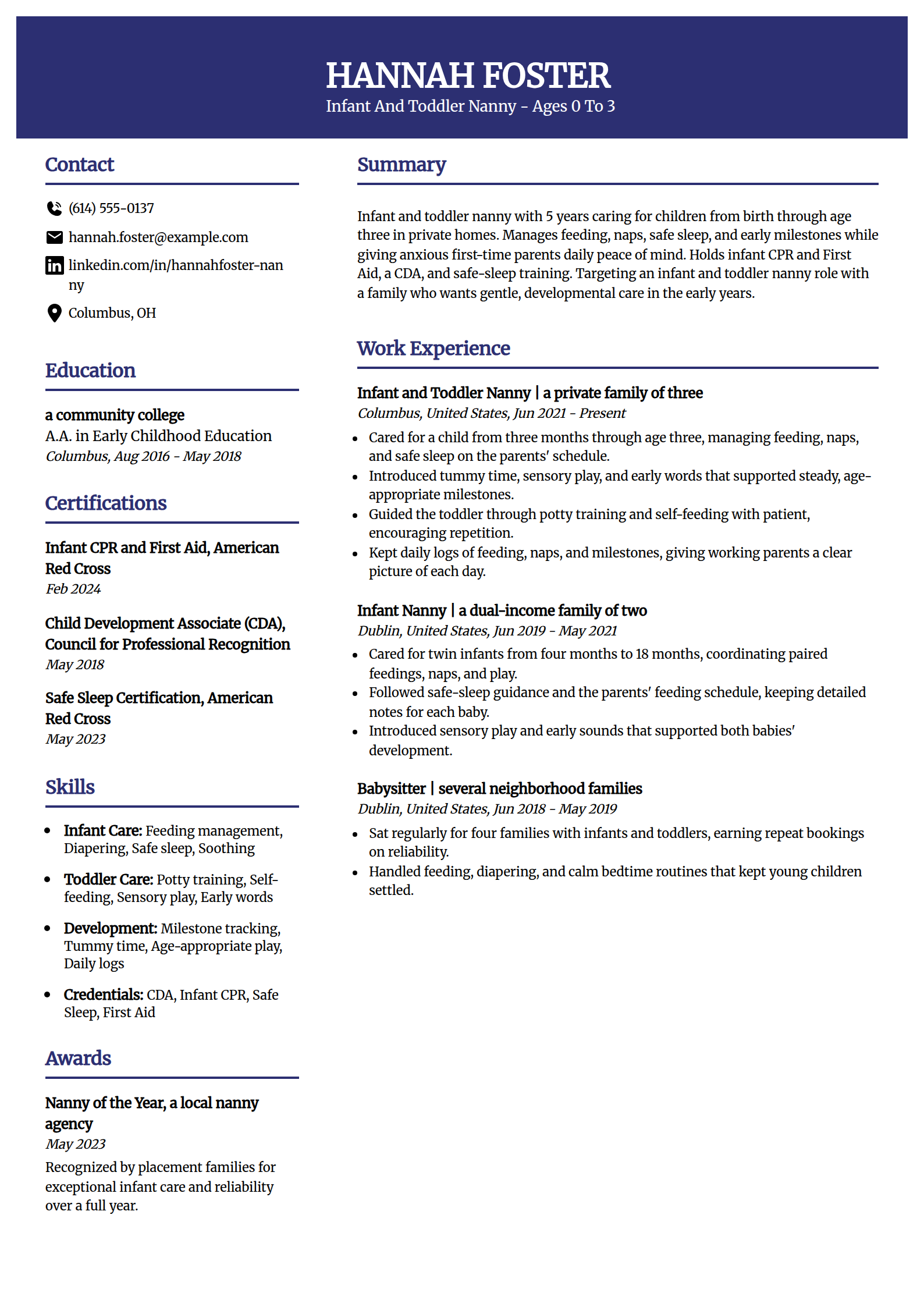 Infant and Toddler Nanny resume example in the Visionary template
