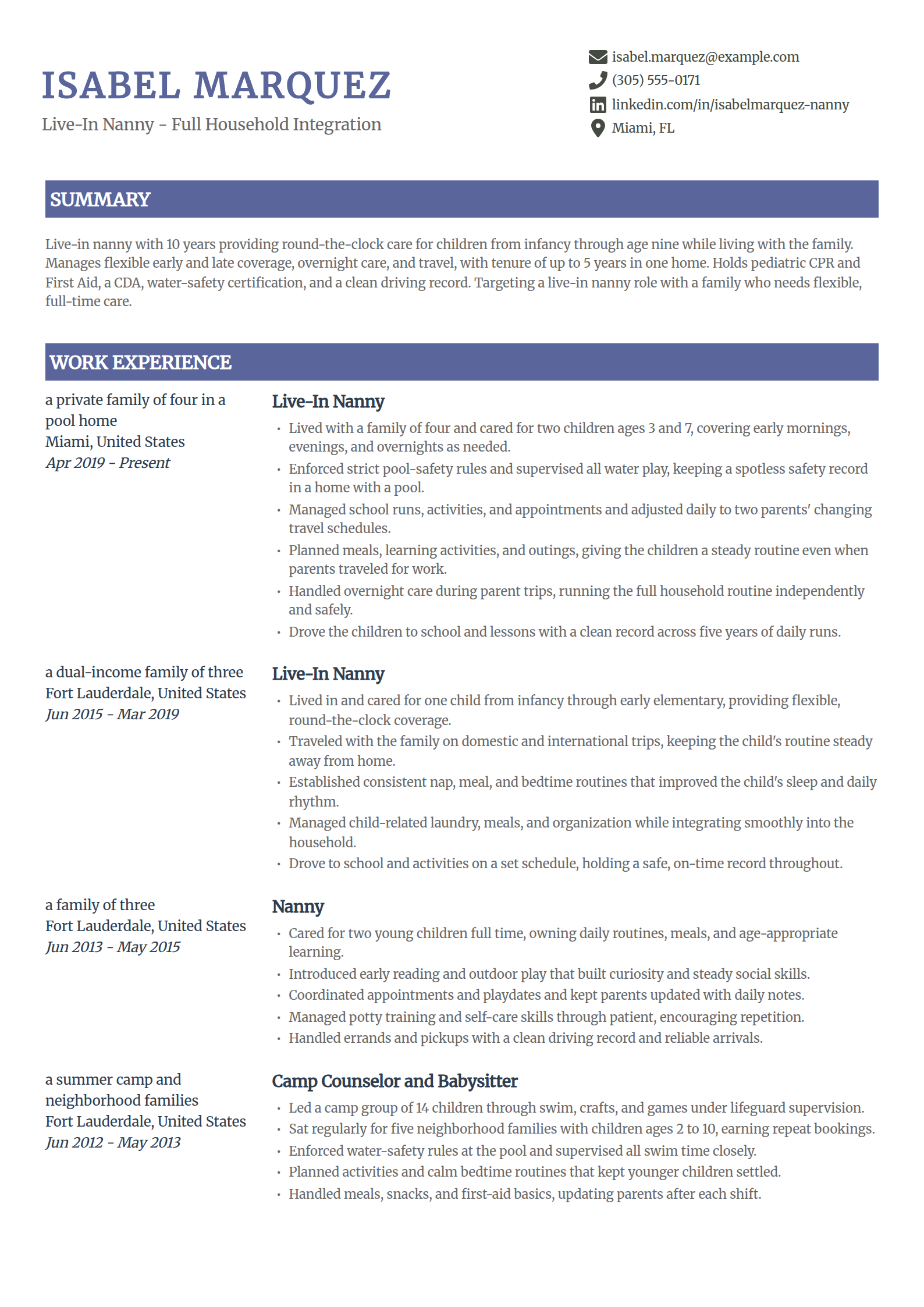Live-In Nanny resume example in the Catalyst template