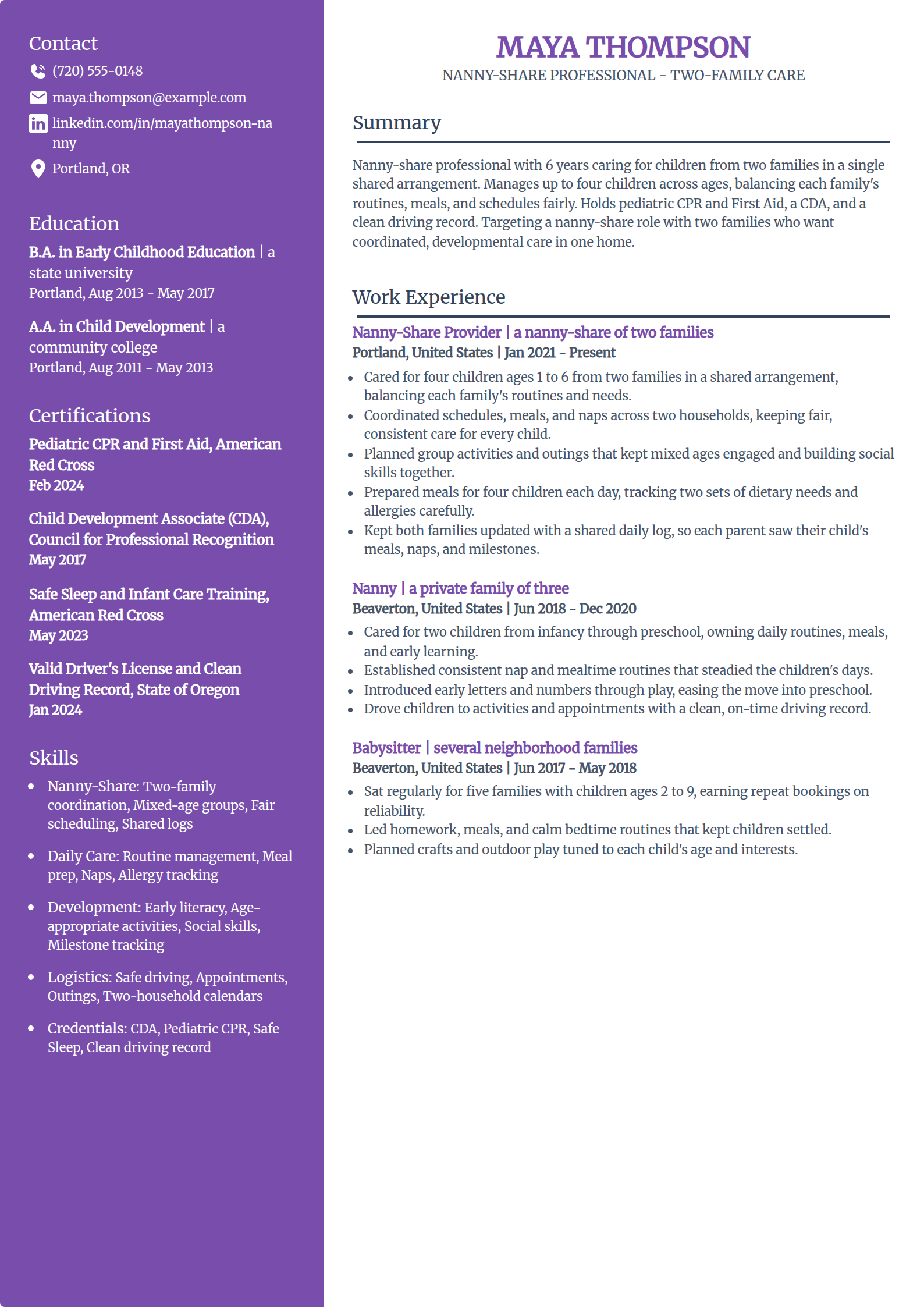 Nanny-Share resume example in the Pioneer template