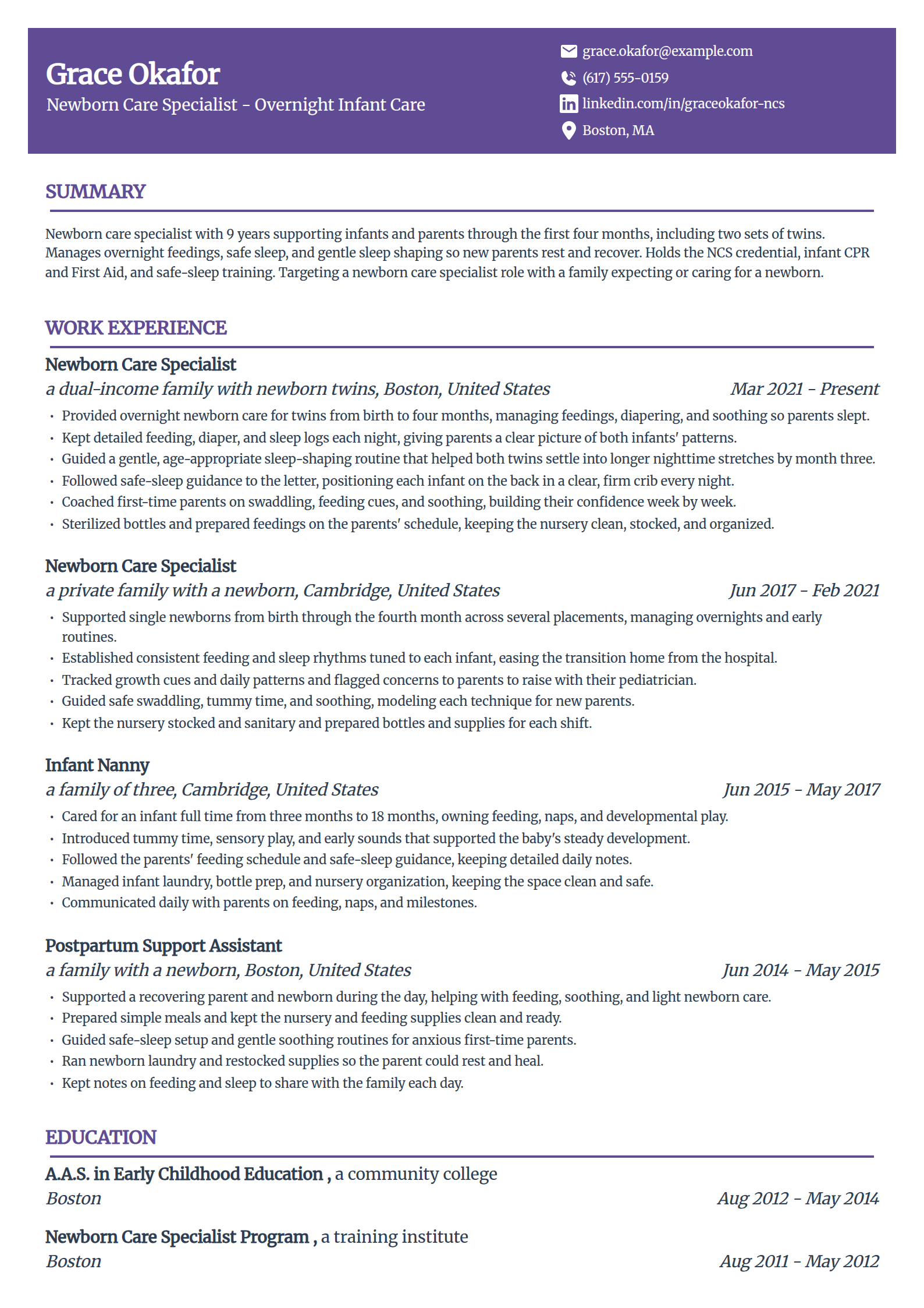 Newborn Care Specialist resume example in the Panorama template