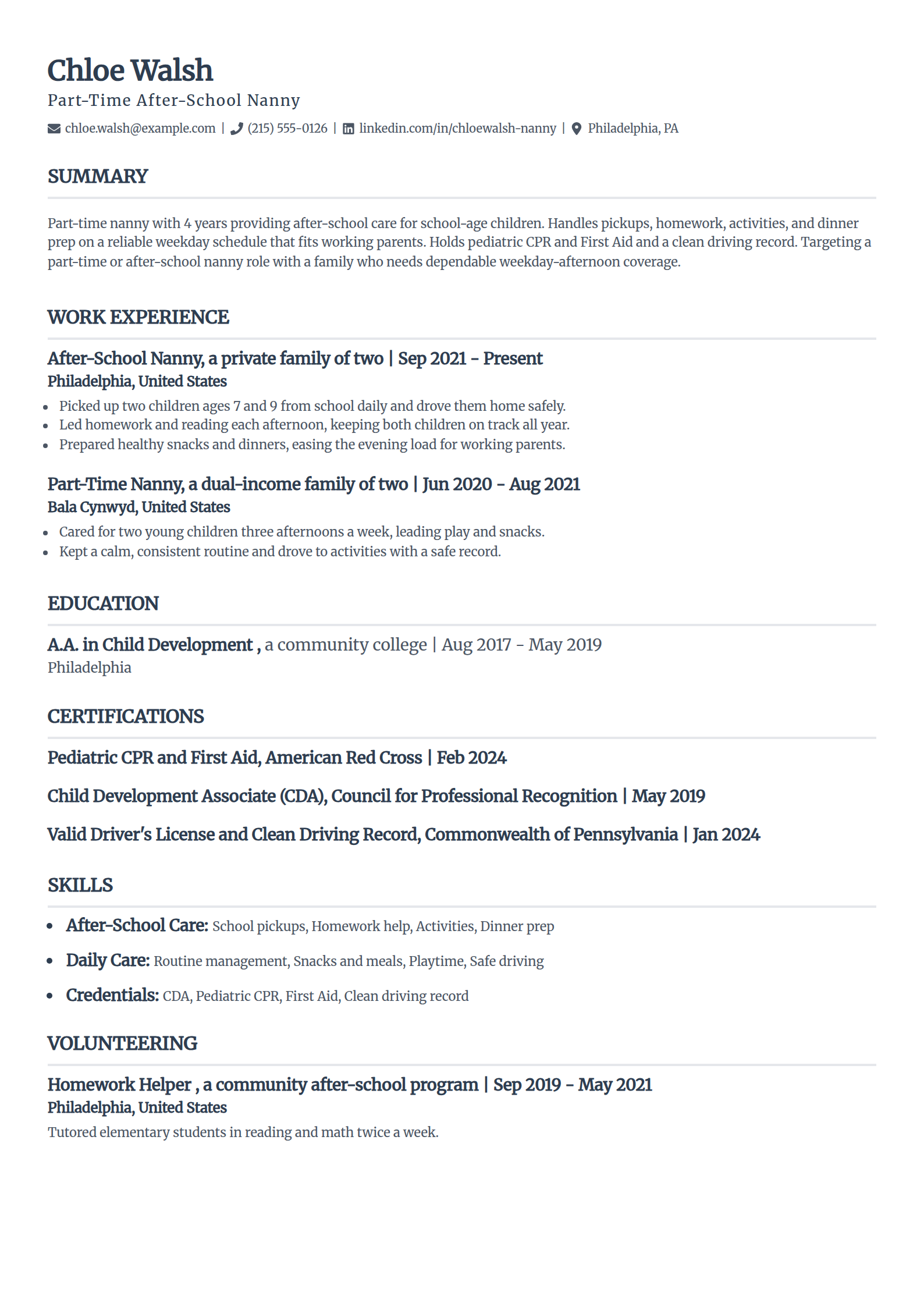 Part-Time After-School Nanny resume example in the Classic template