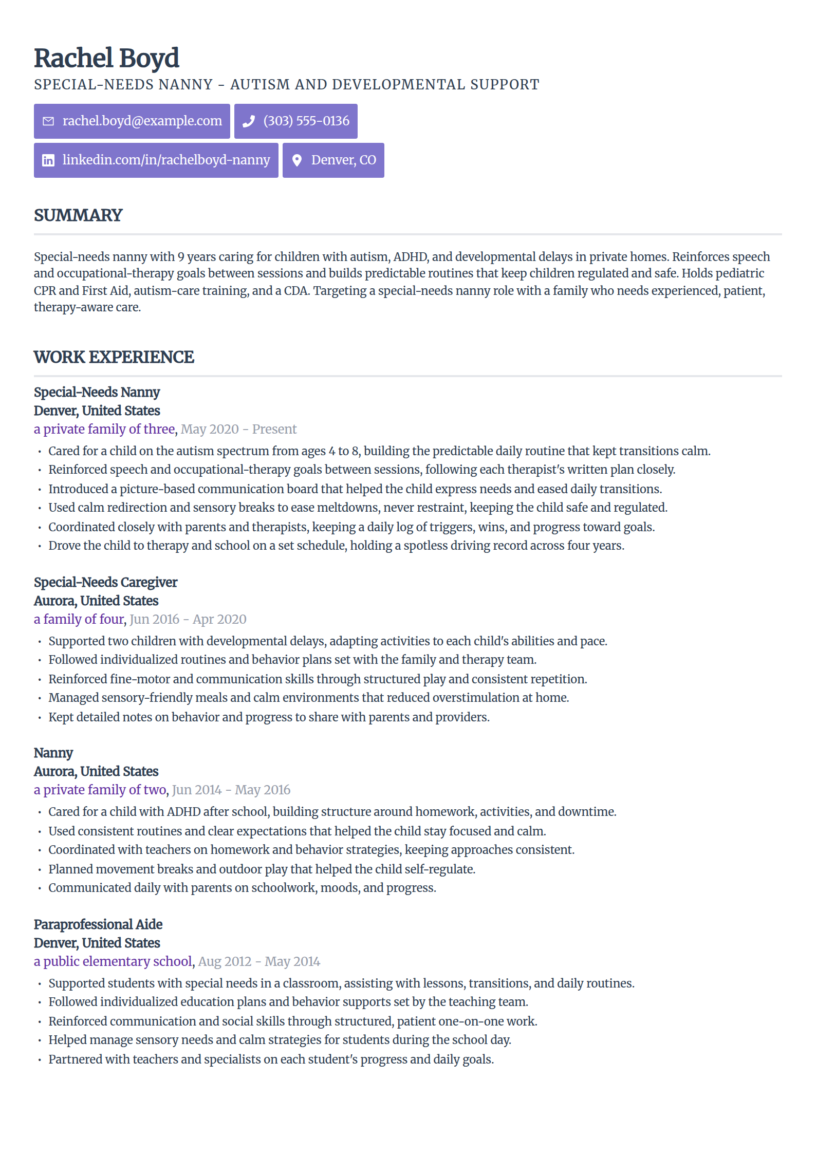 Special-Needs Nanny resume example in the Sleek Framework template