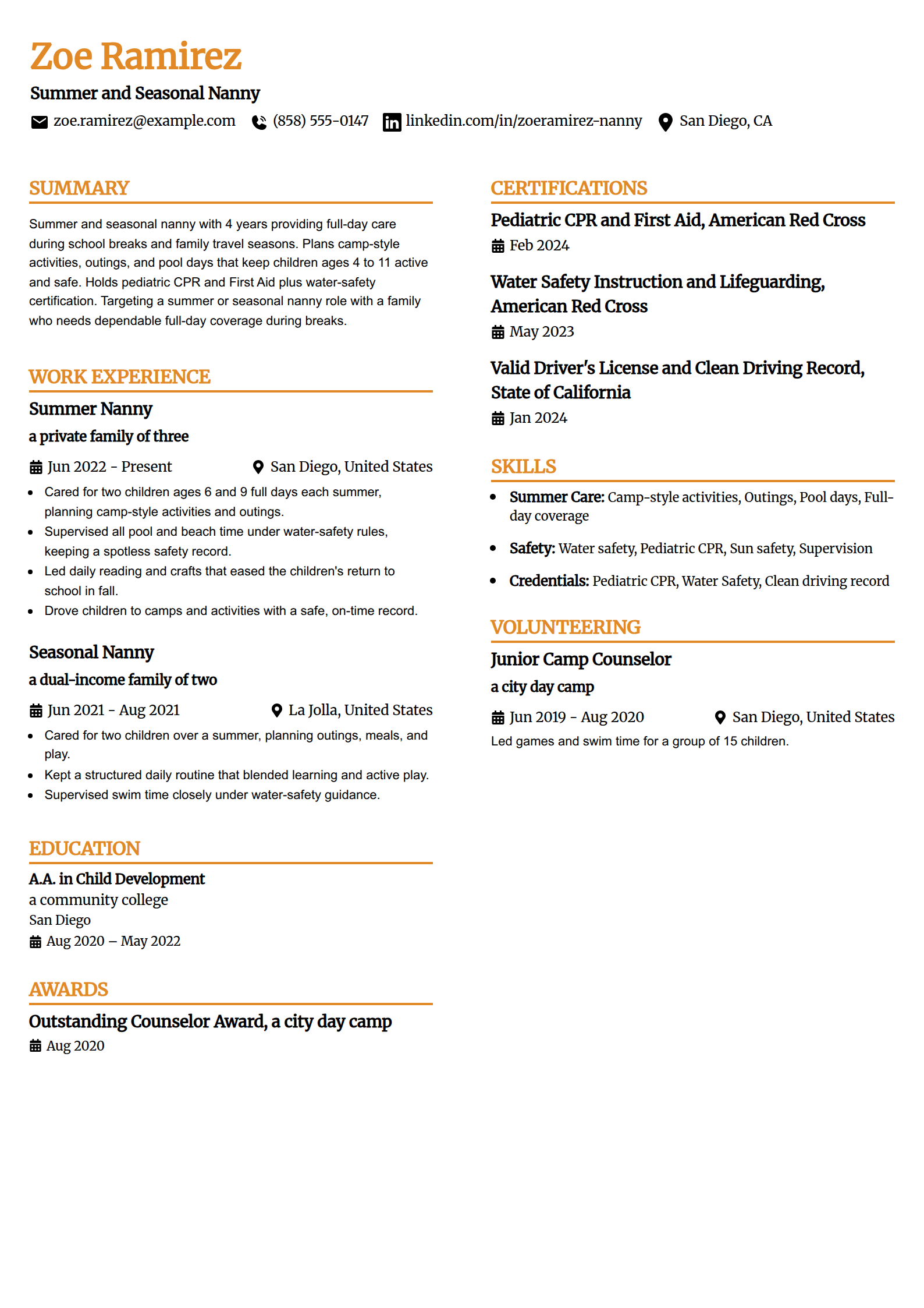 Summer and Seasonal Nanny resume example in the Professional Edge template