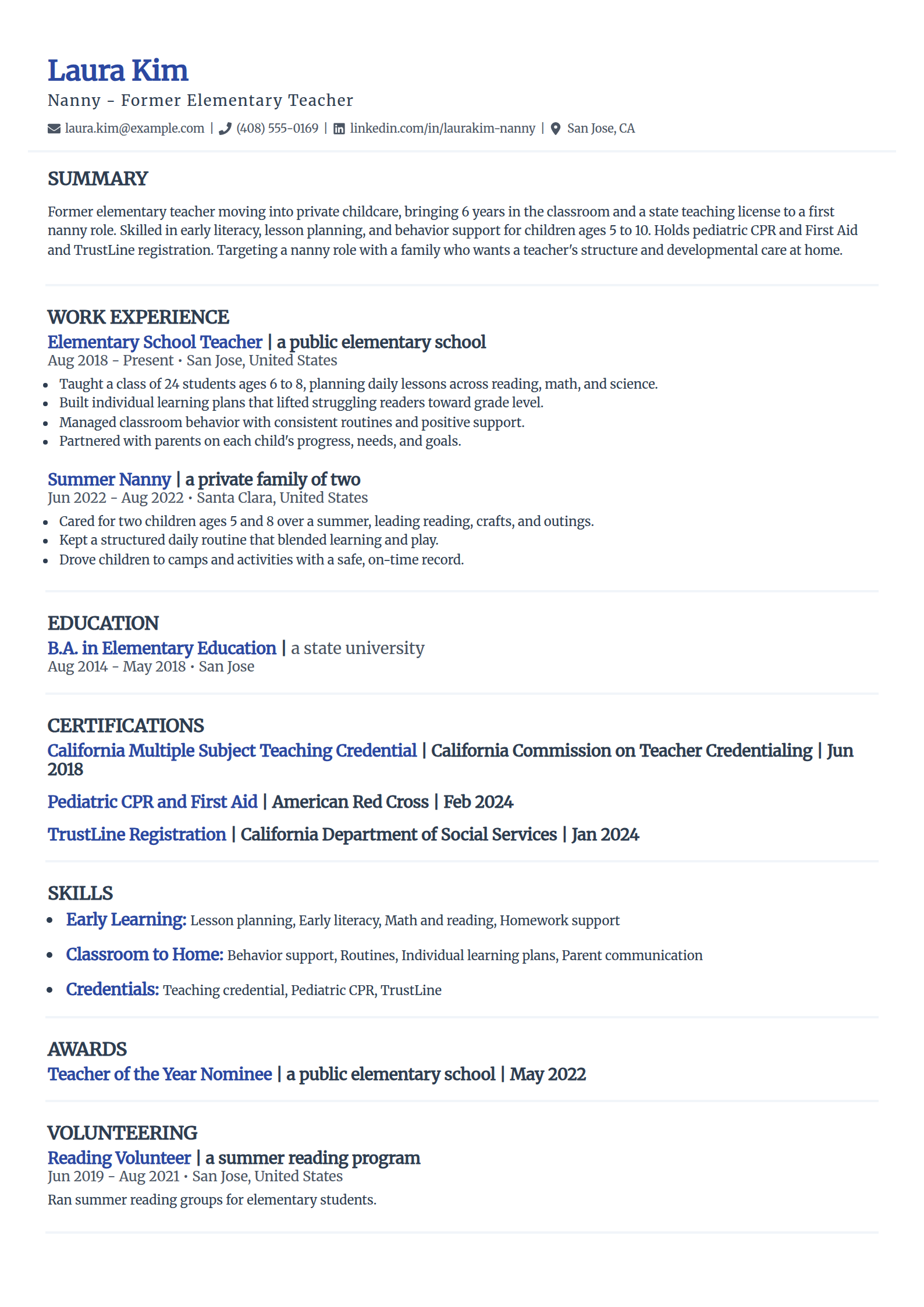 Teacher-to-Nanny resume example in the Elegant template