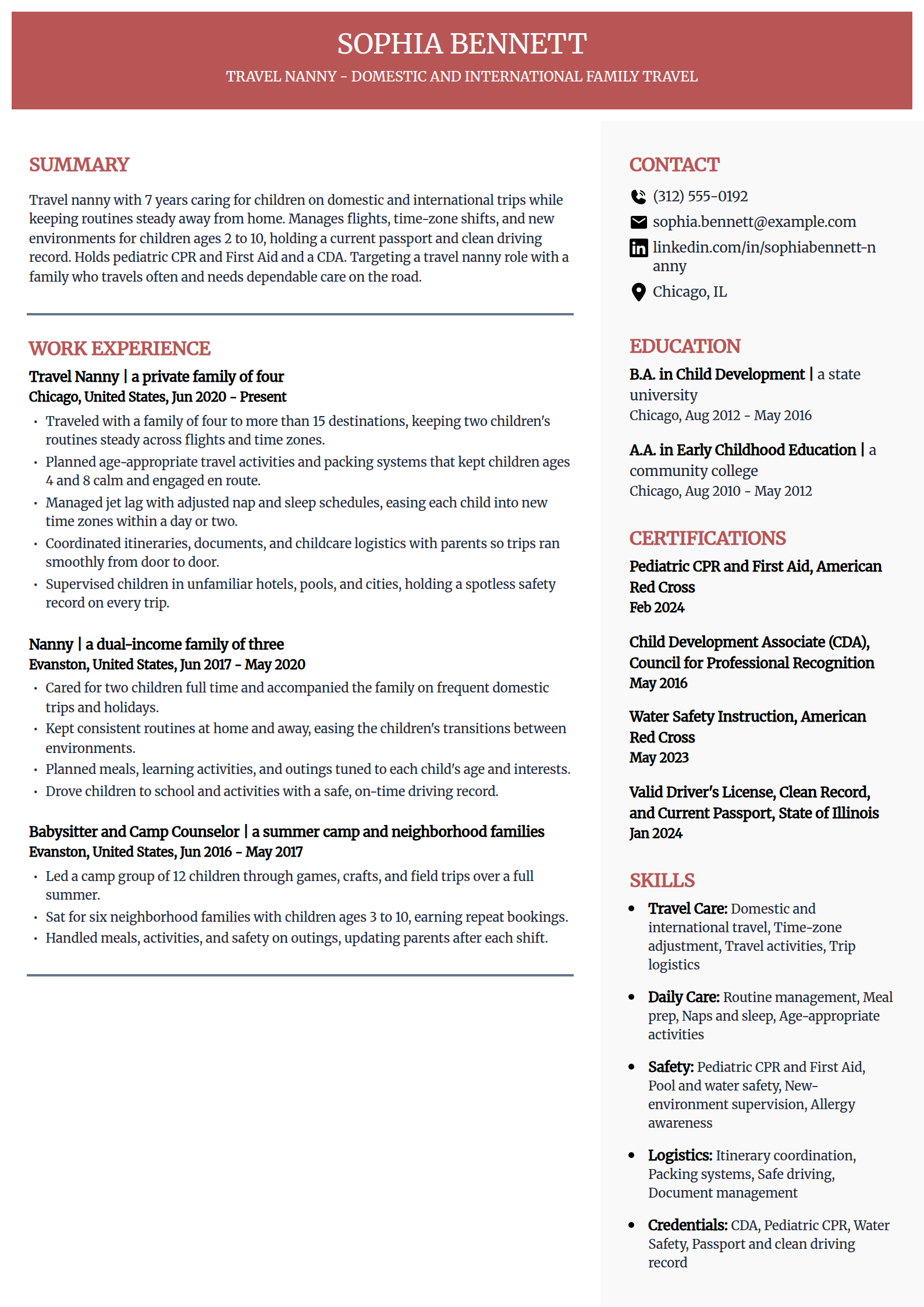 Travel Nanny resume example in the Executive template