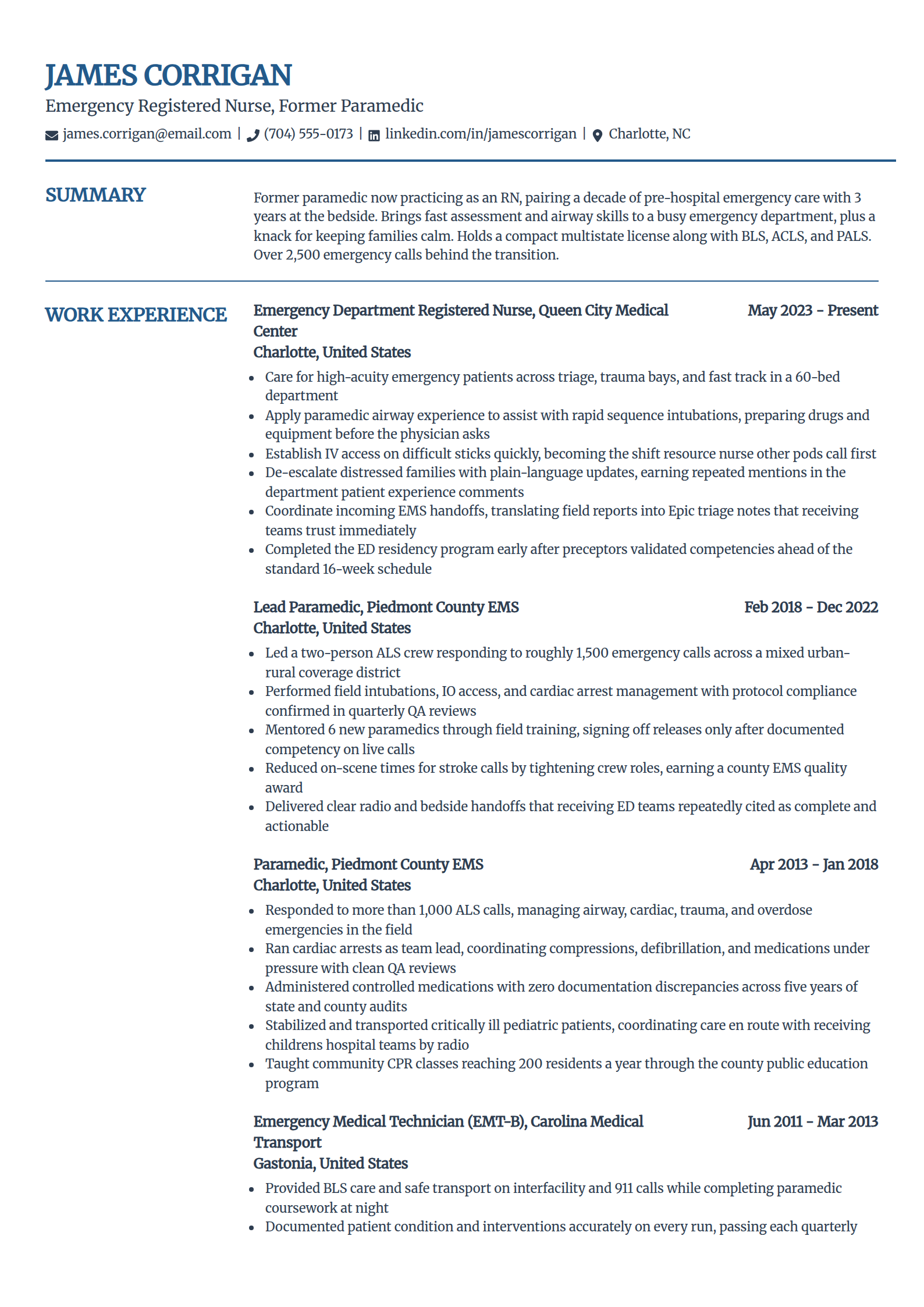 Career-change nurse resume example in the Craft template