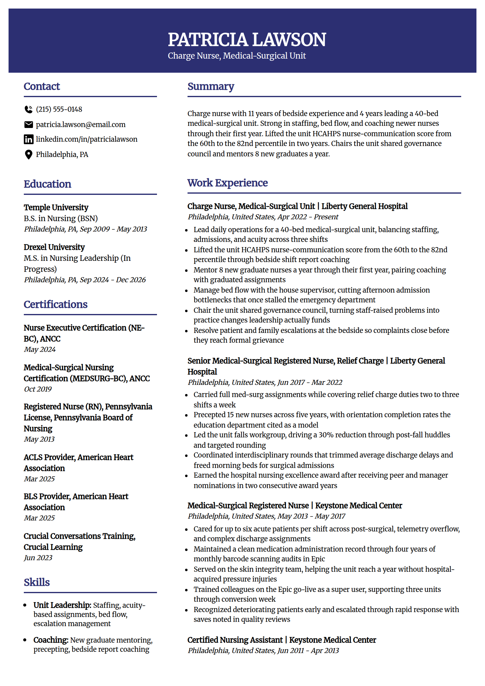 Charge nurse leadership resume example in the Visionary template