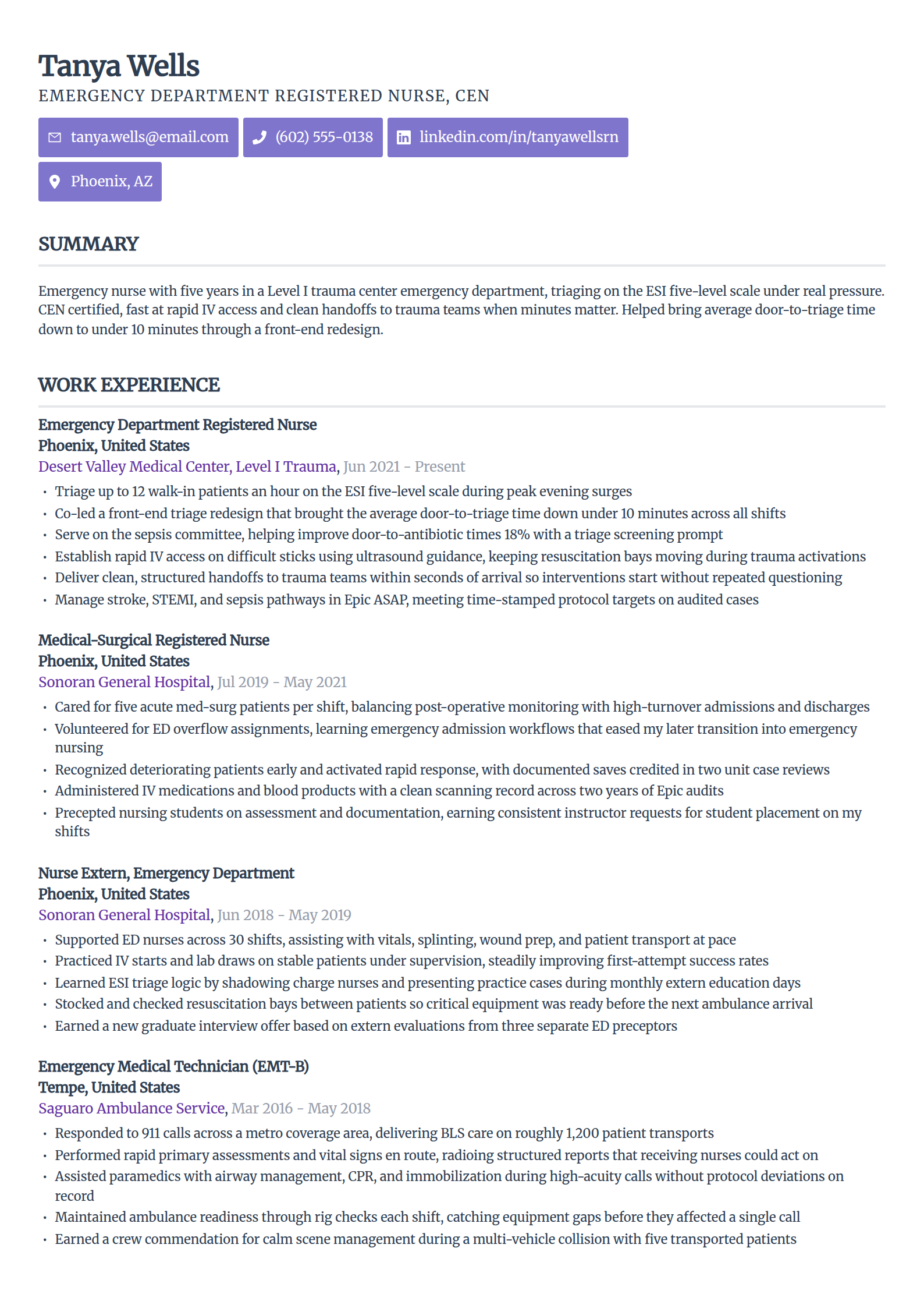 Emergency room nurse resume example in the Sleek Framework template