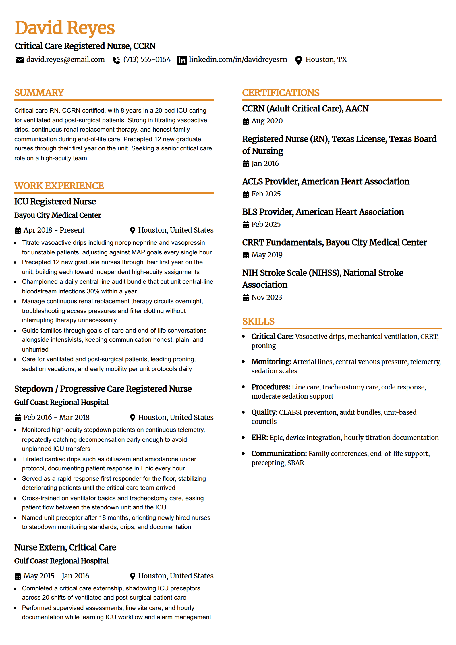 ICU critical care nurse resume example in the Professional Edge template