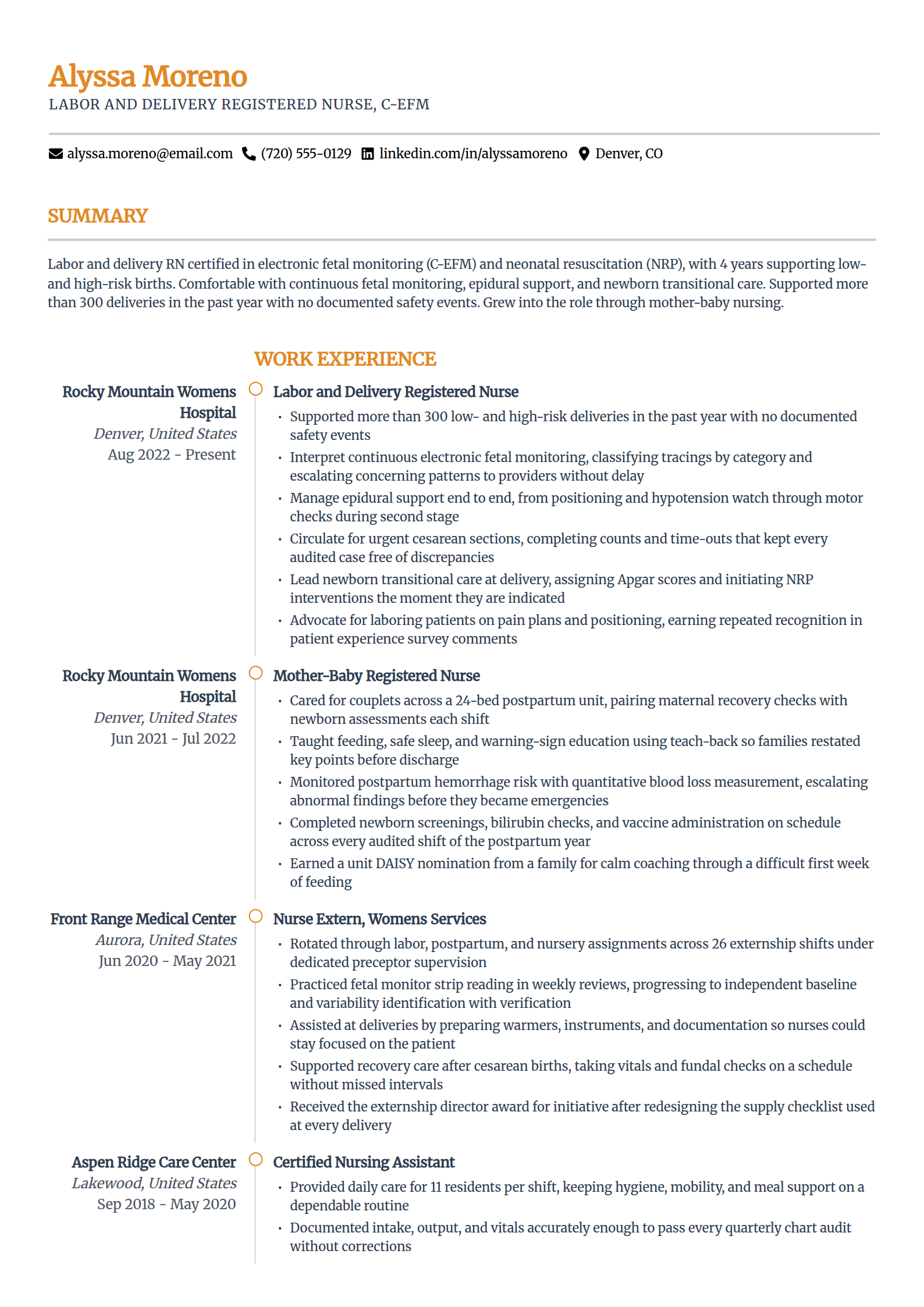 Labor and delivery nurse resume example in the Zenith template