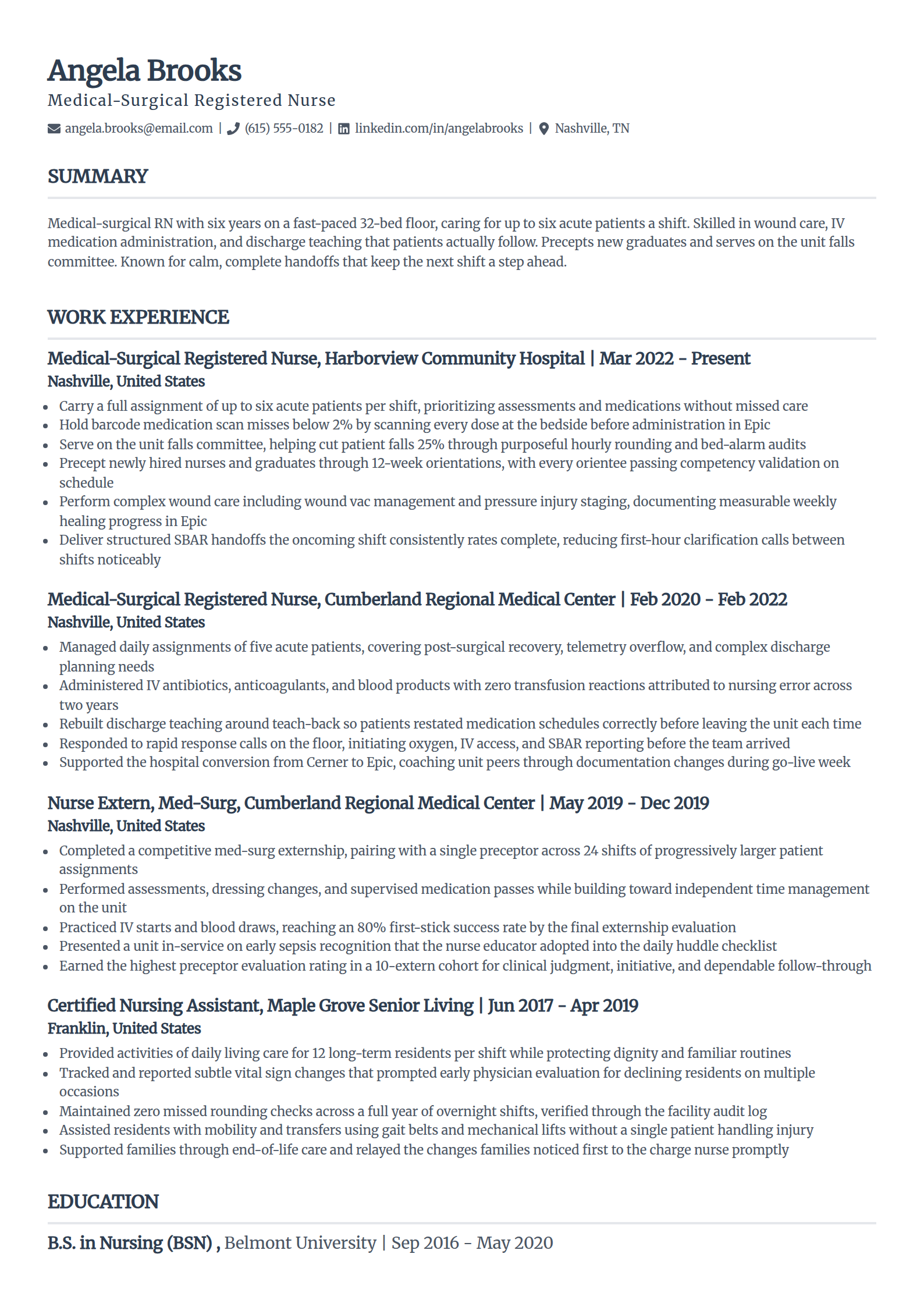 Experienced med-surg nurse resume example in the Classic template