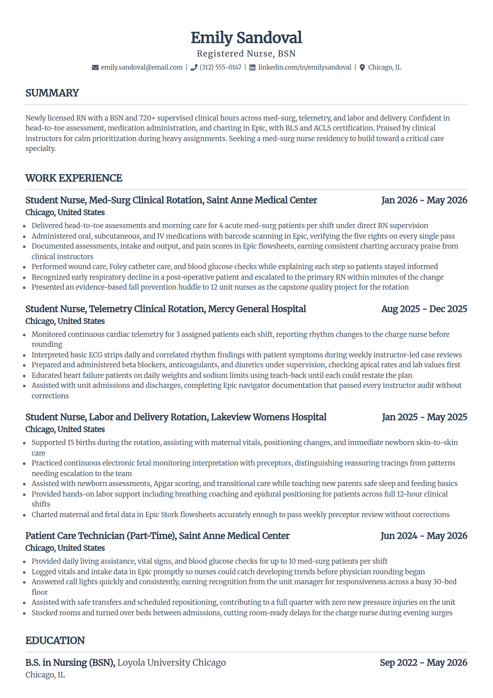 New grad nurse resume example in the Standard template