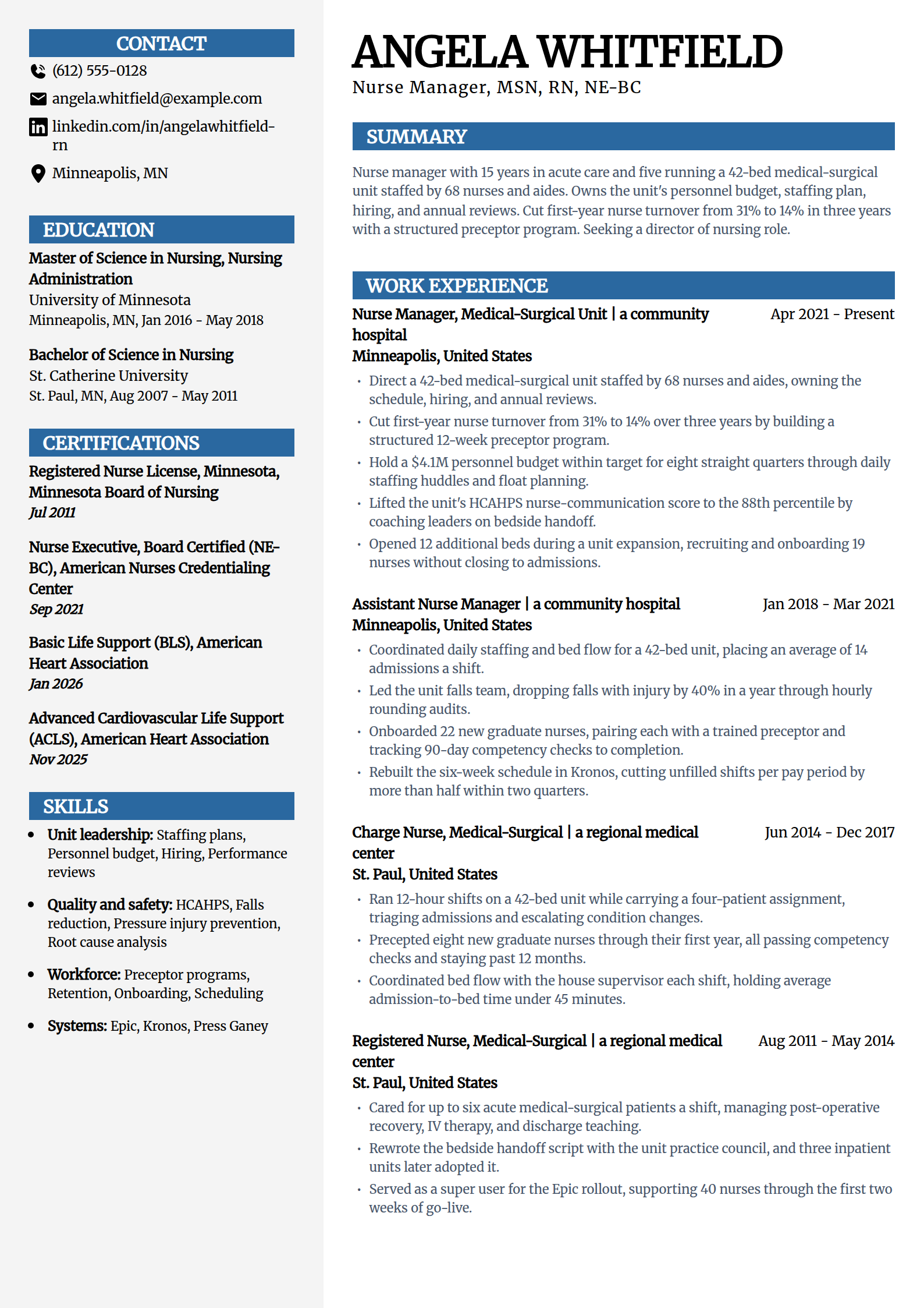 Nurse manager resume example in the Mosaic template