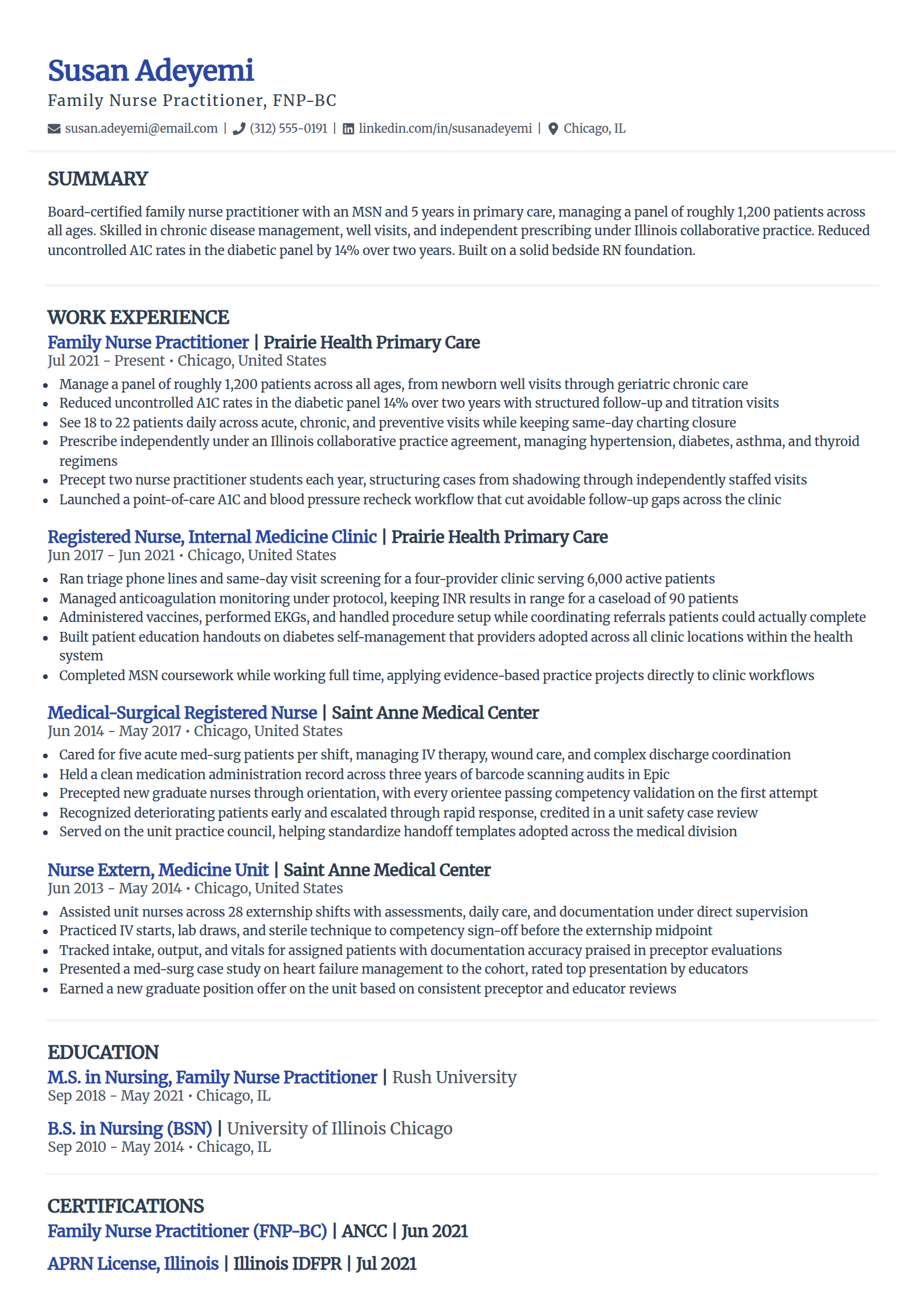 Nurse practitioner resume example in the Elegant template