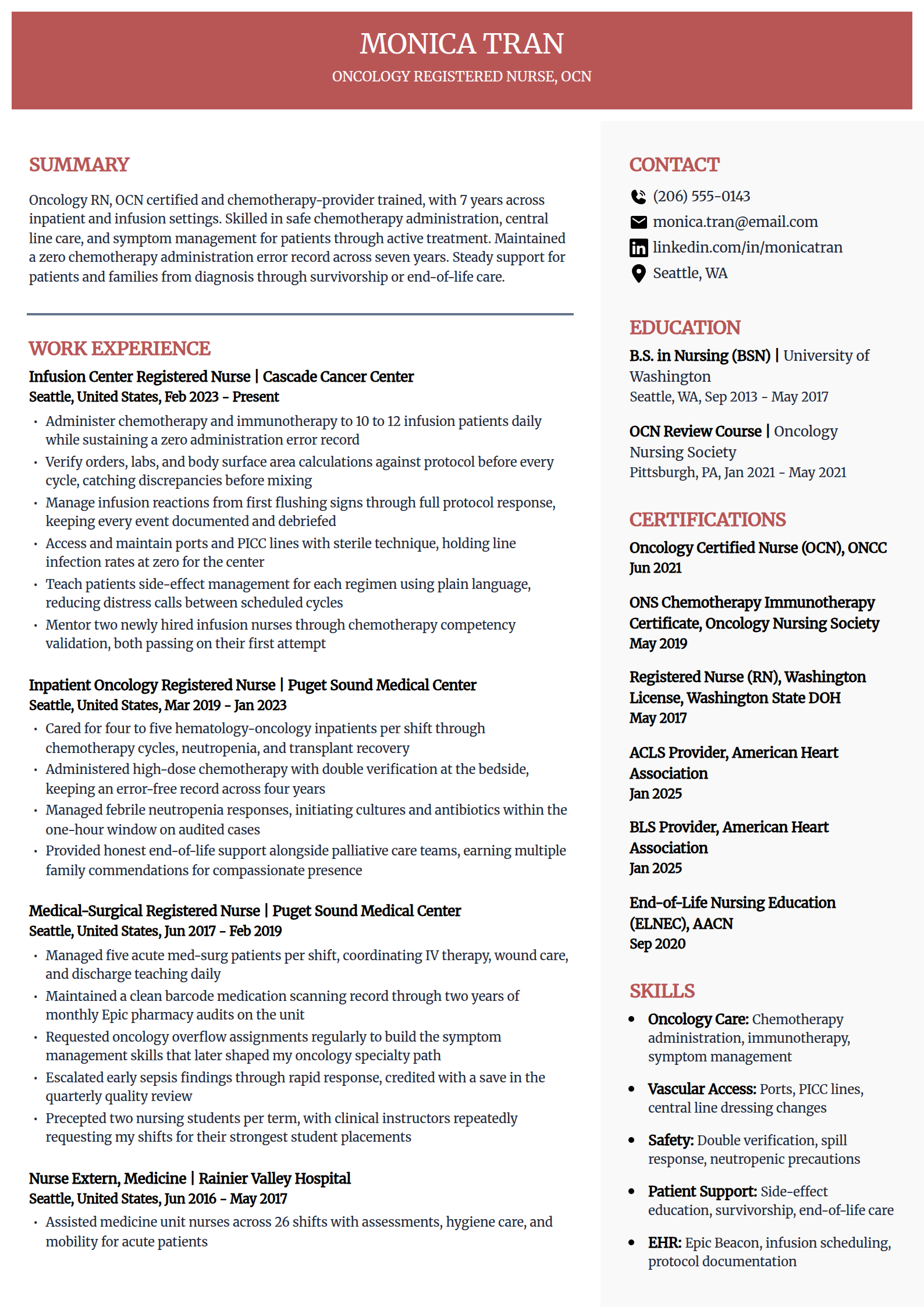 Oncology nurse resume example in the Executive template