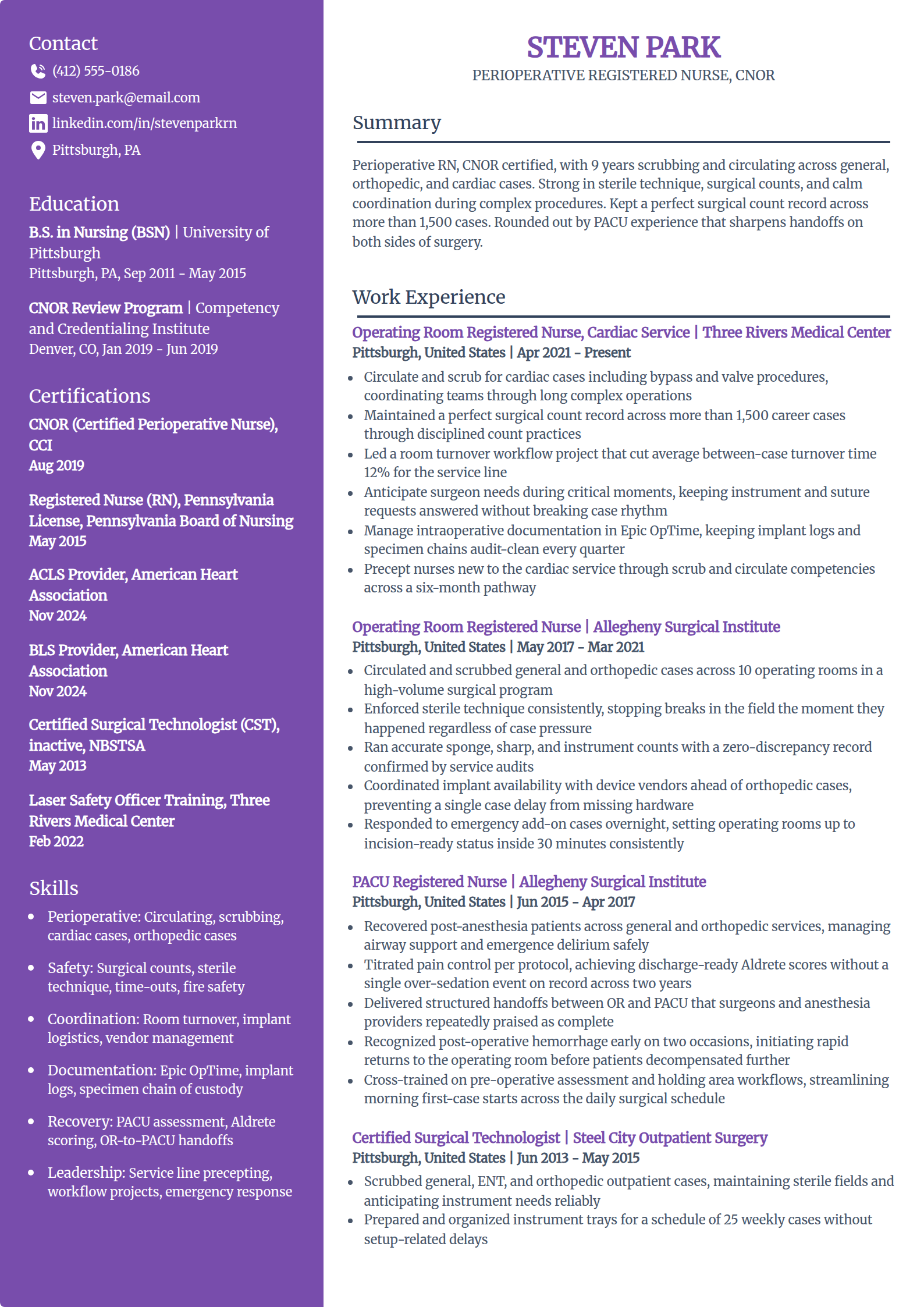Operating room nurse resume example in the Pioneer template