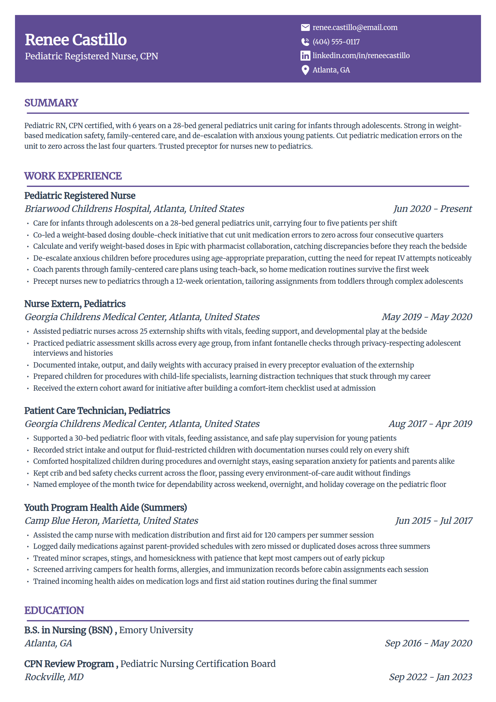Pediatric nurse resume example in the Panorama template