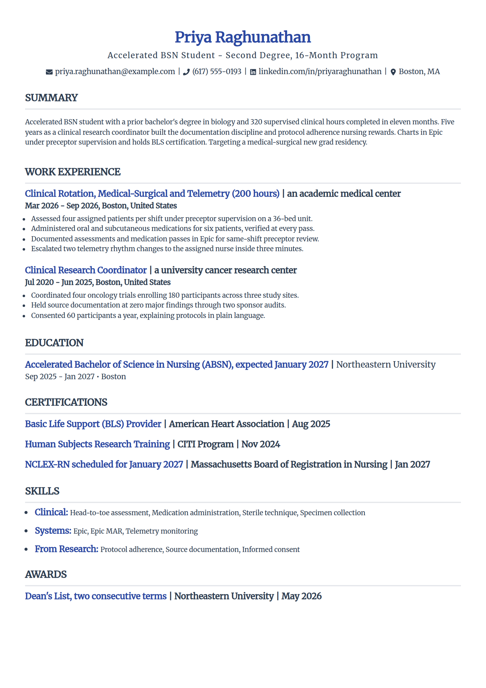 Accelerated BSN student resume example in the Simple template