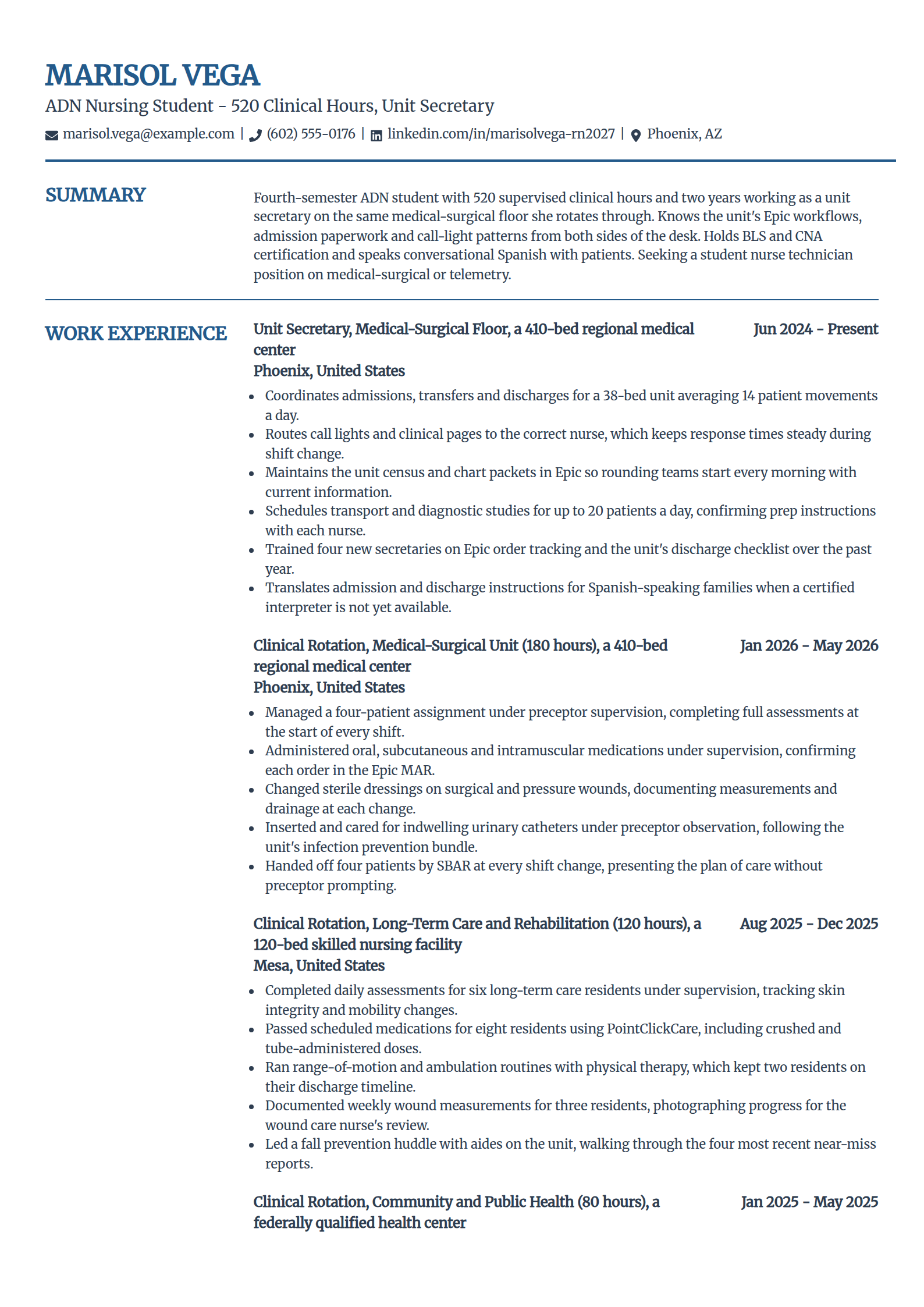ADN community college nursing student resume example in the Craft template