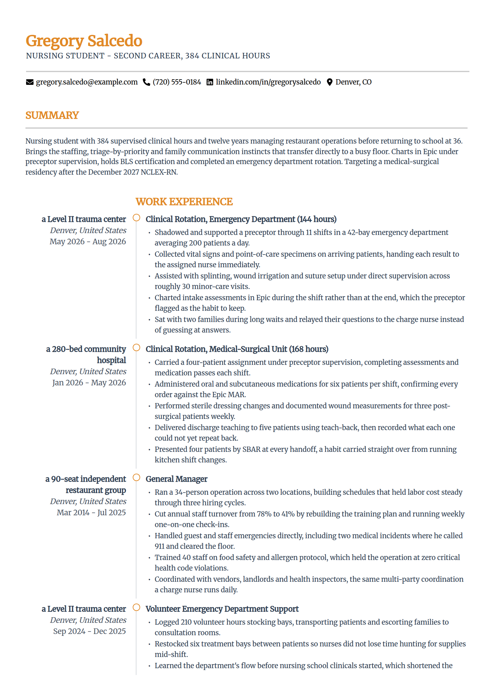 Career changer into nursing resume example in the Zenith template