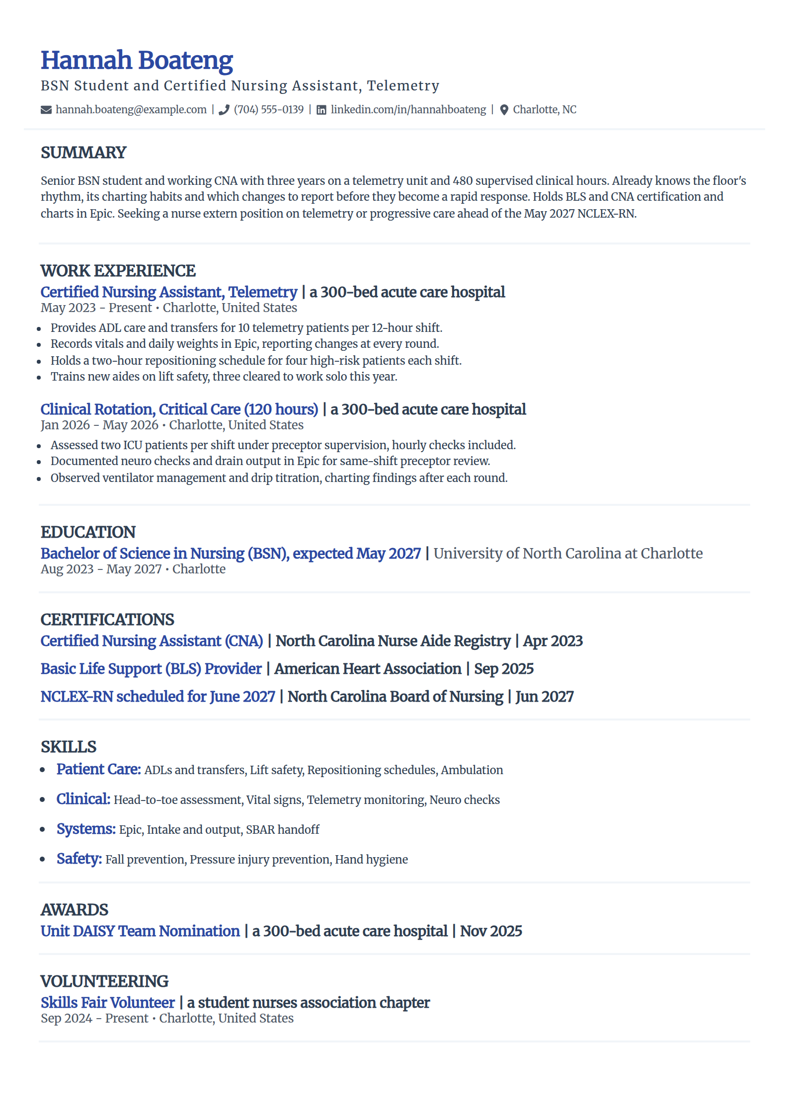 Nursing student with CNA experience resume example in the Elegant template